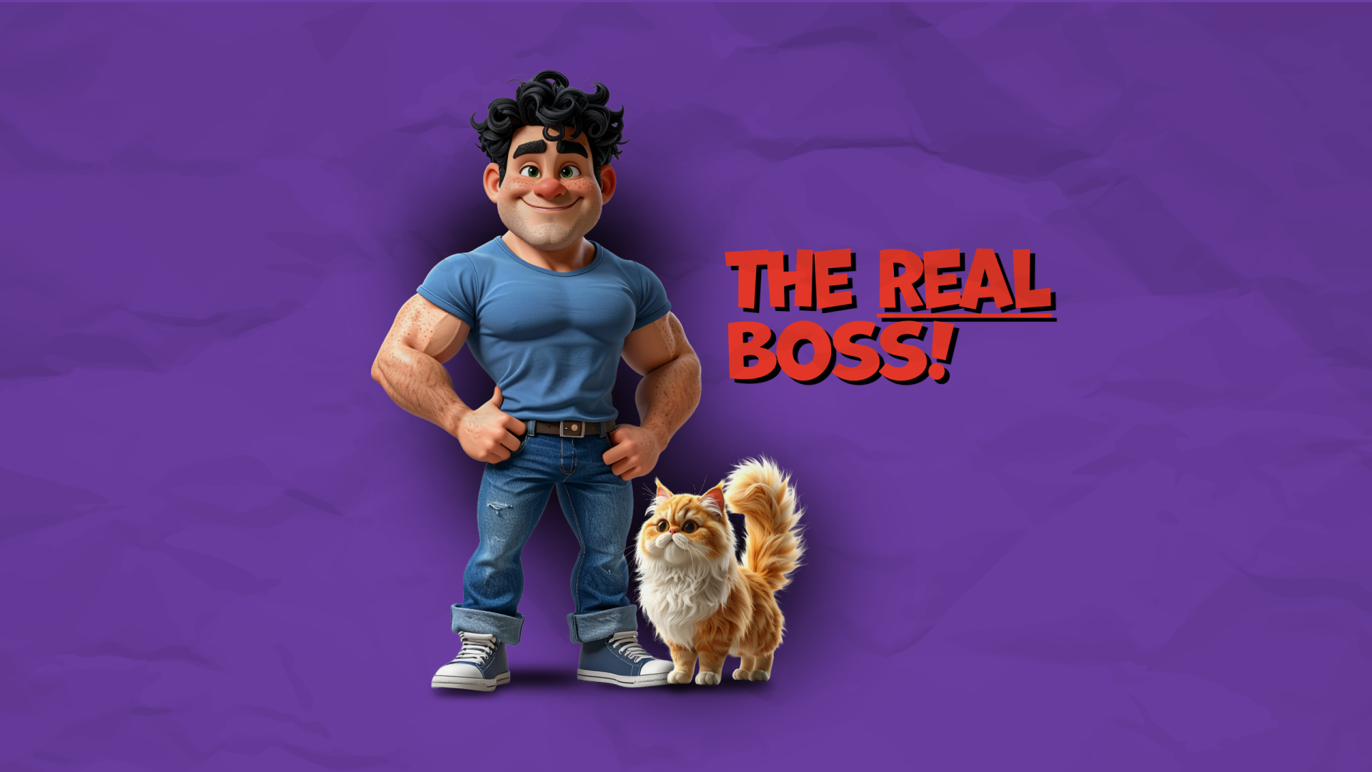Funny cartoon man and fluffy pet cat with “The Real Boss!” text on a purple 2K Quad HD PC desktop wallpaper.