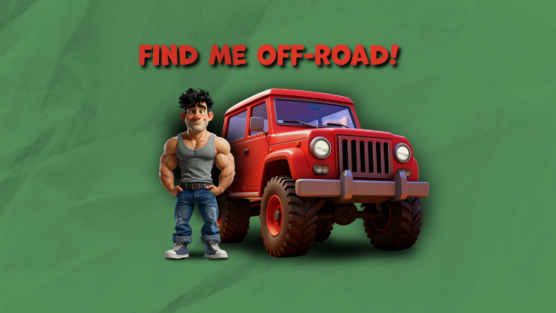 Funny cartoon adventurer beside a red off-road jeep beneath “Find Me Off-Road!” on a green 2K Quad HD PC desktop wallpaper.