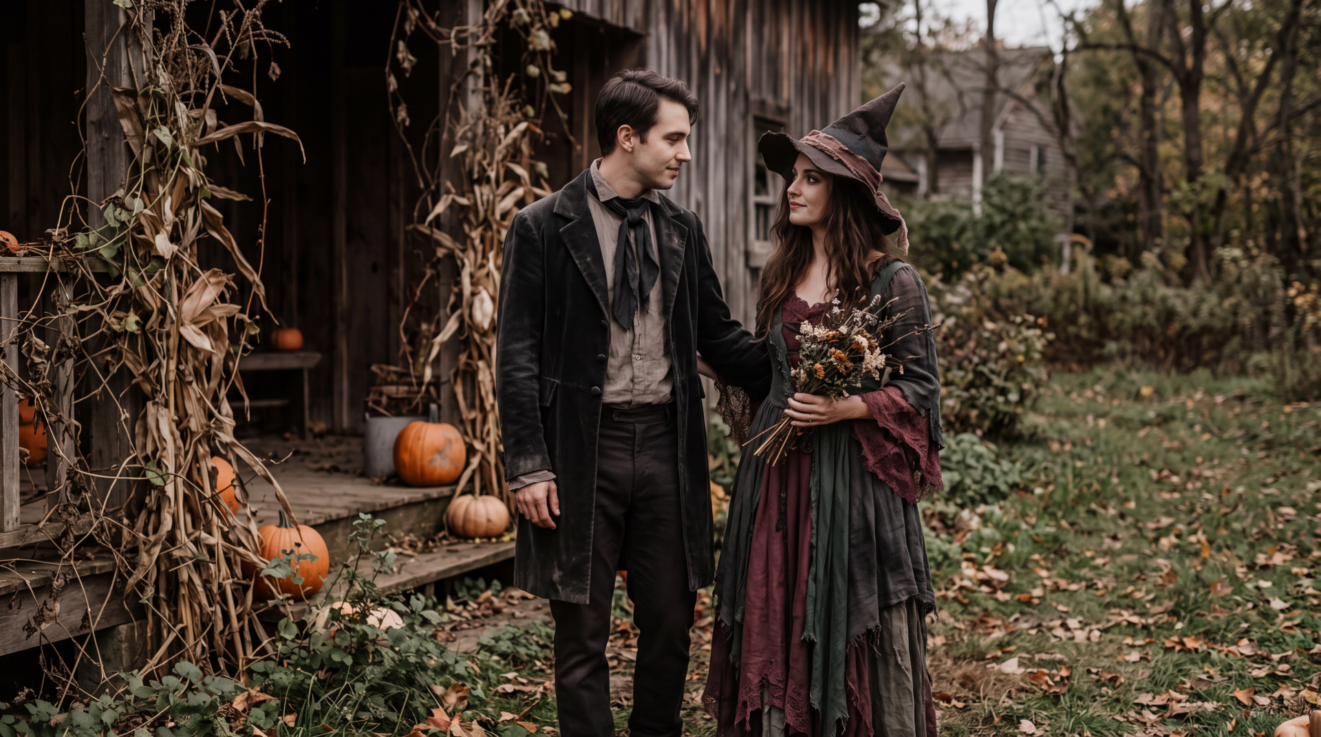 Halloween couple in dark costumes with a witch, standing in an autumn garden beside pumpkins, 5K Ultra HD desktop wallpaper.