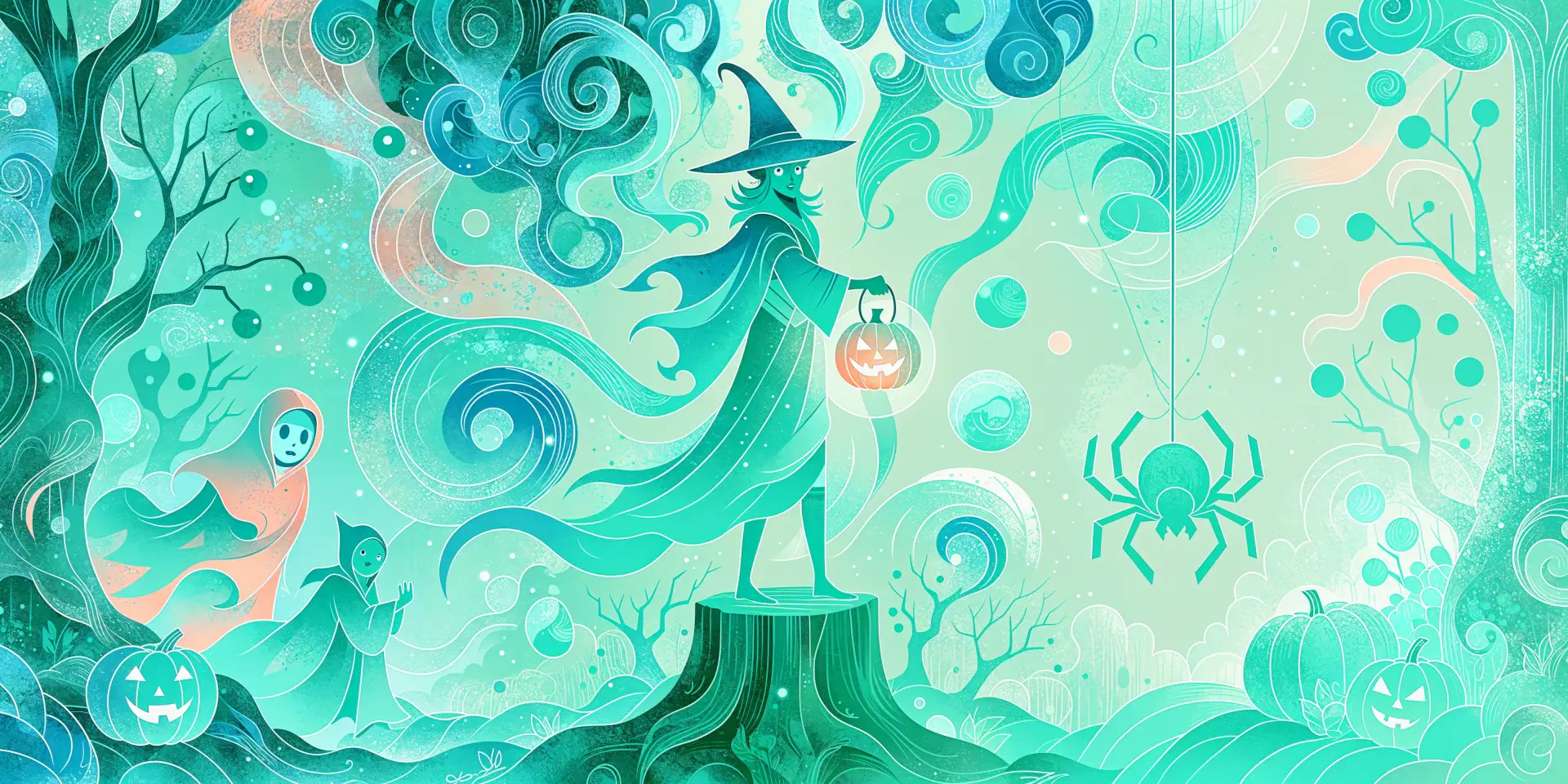 Turquoise Halloween witch holding a glowing pumpkin beside a dangling spider, 4K Ultra HD PC desktop wallpaper and background.