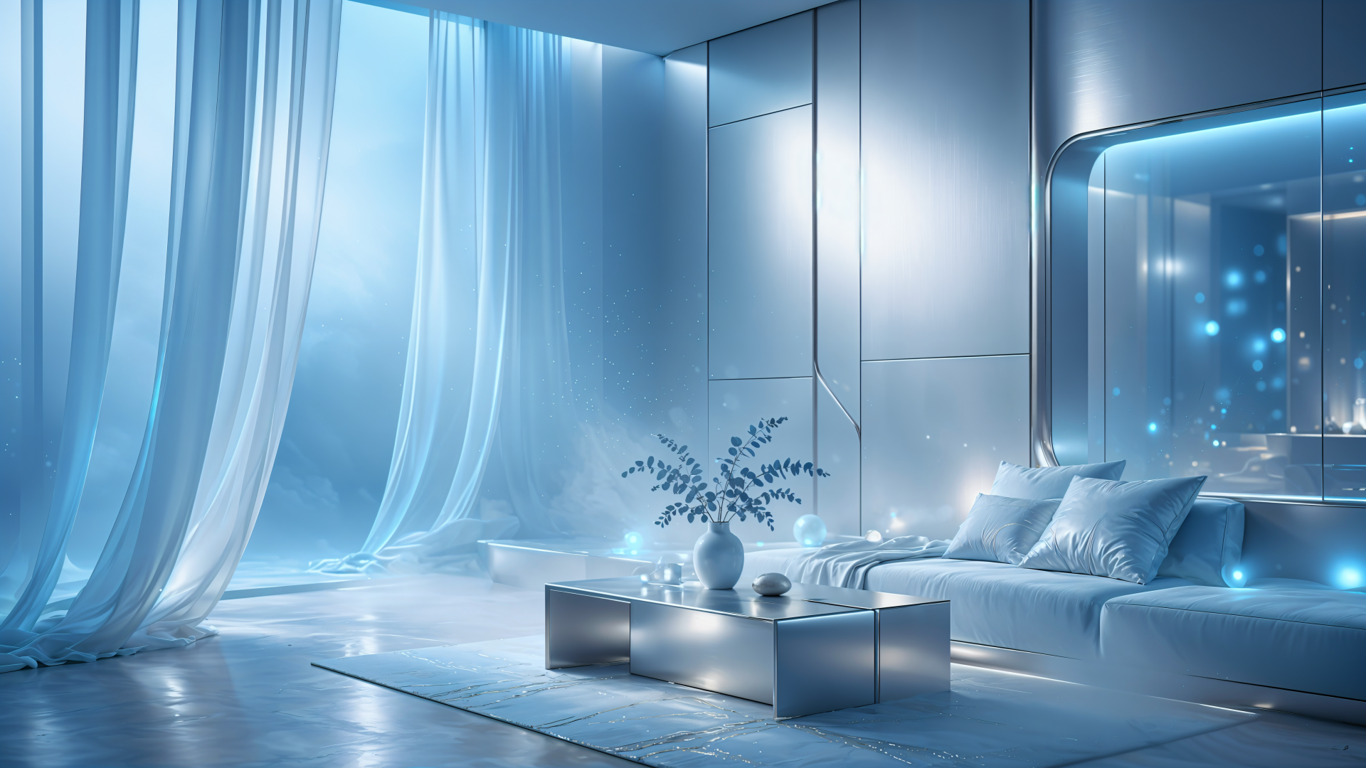 Blue ambient light fills a modern living room with a sleek sofa, featured in a 4K Ultra HD PC desktop wallpaper and background.