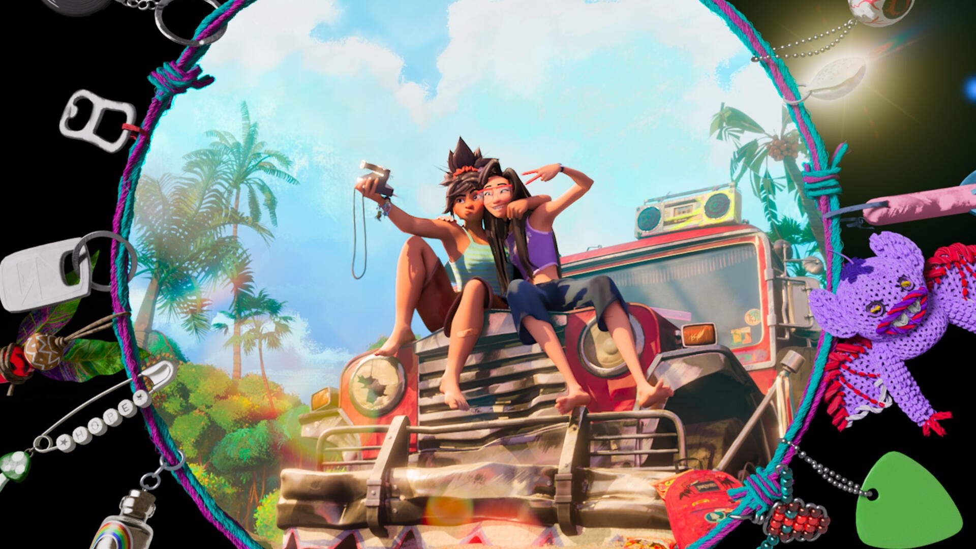 Forgotten Island DreamWorks Animation 2K Quad HD PC desktop wallpaper featuring a woman and companion beside a truck on a tropical island.