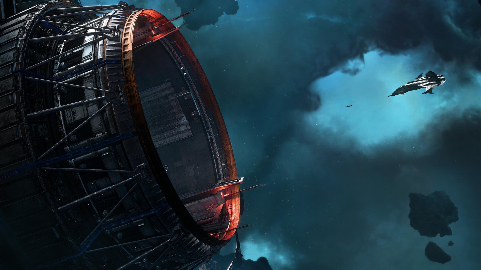 Star Citizen and Squadron 42 sci-fi 4K desktop wallpaper of a spaceship near a massive space station amid blue nebula clouds.