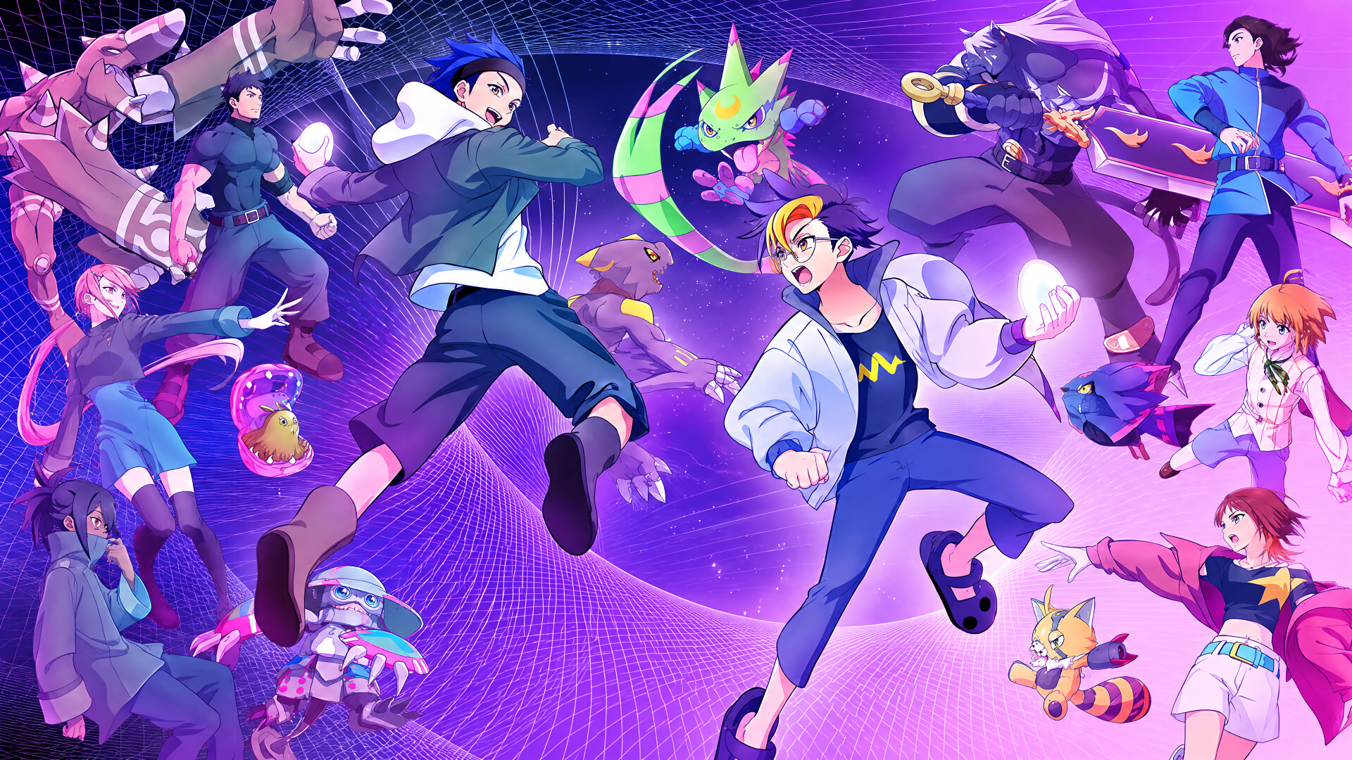4K Ultra HD PC desktop wallpaper featuring Digimon Beatbreak video game characters and Digimon in a vibrant purple digital cartoon action scene.