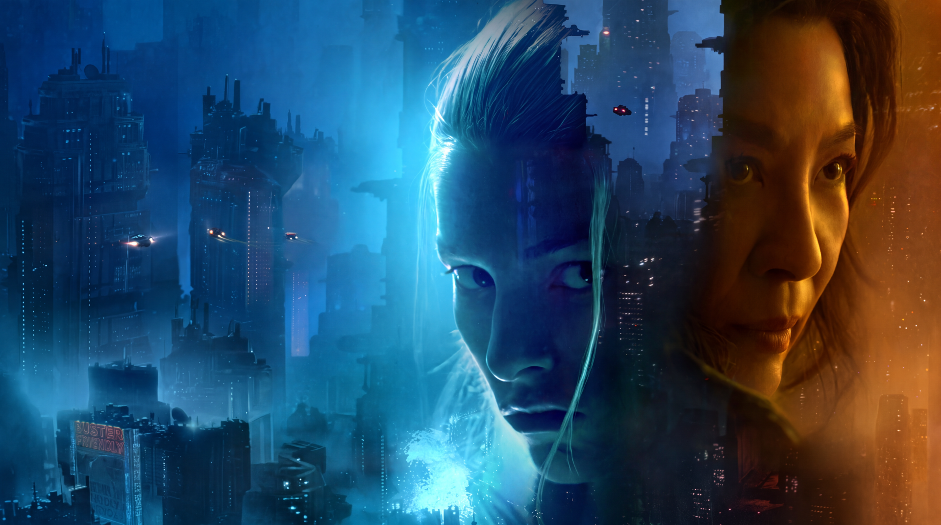 Blade Runner 2099 cyberpunk portrait of Michelle Yeoh and Hunter Schafer against a neon city, 5K Ultra HD PC desktop wallpaper.