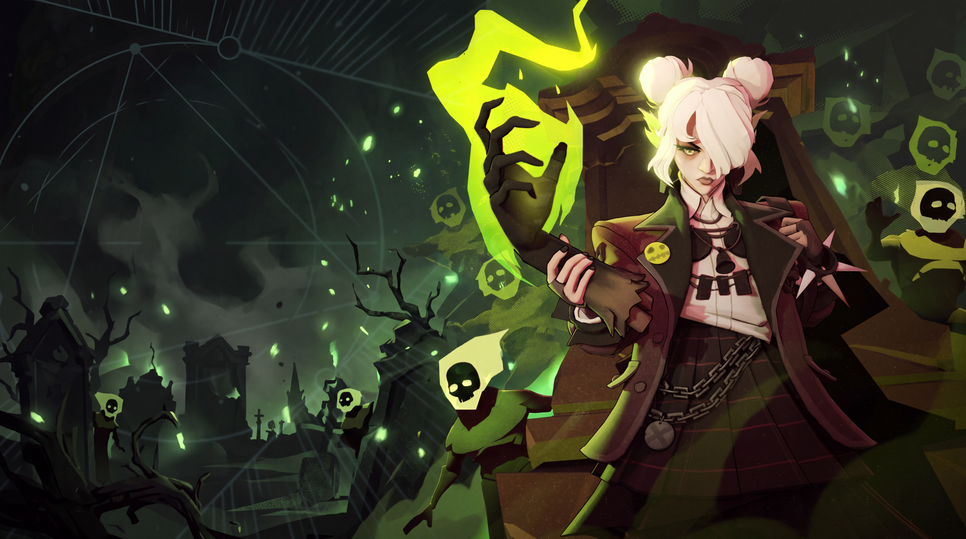 Graves from Deadlock (2024), an anime-style woman with white hair and a glowing green weapon amid a dark supernatural scene, in 5K Ultra HD desktop wallpaper.