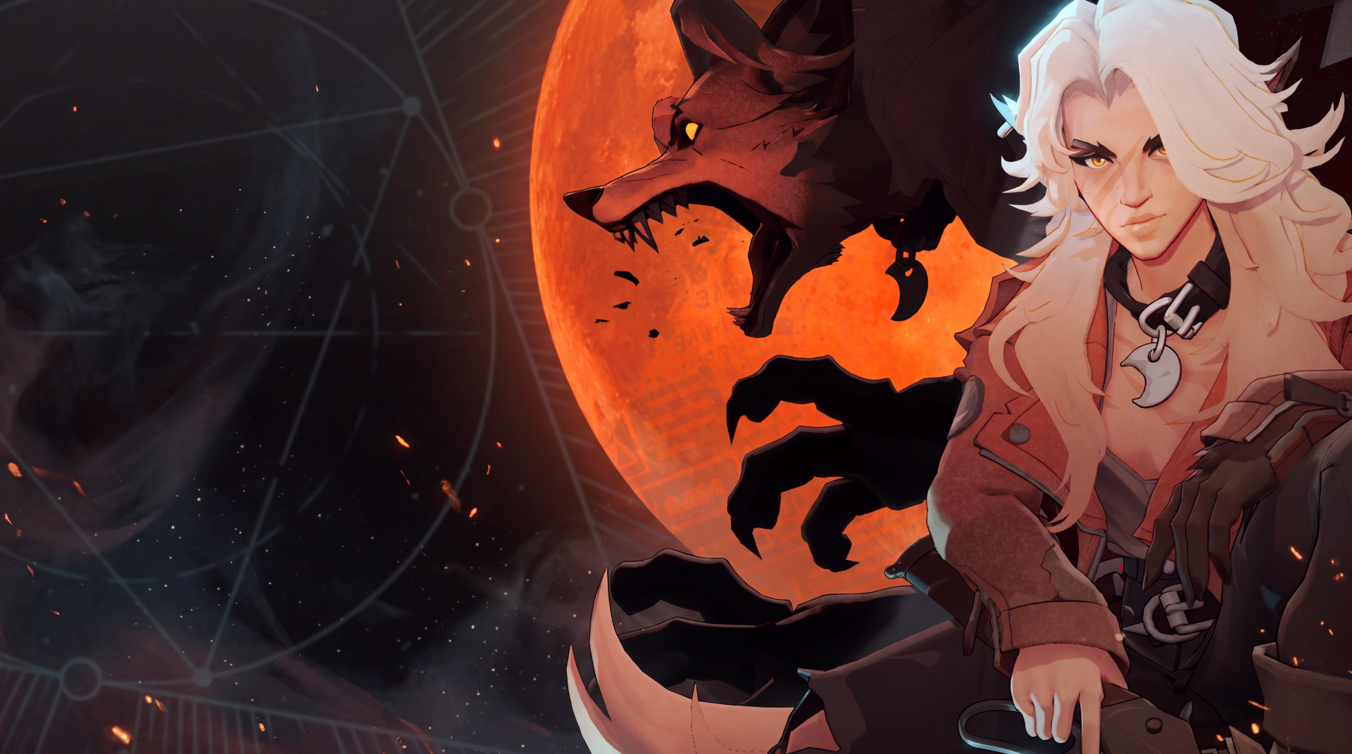 Silver, a white-haired woman from Deadlock (2024), against a glowing orange moon in a 5K Ultra HD PC desktop wallpaper.