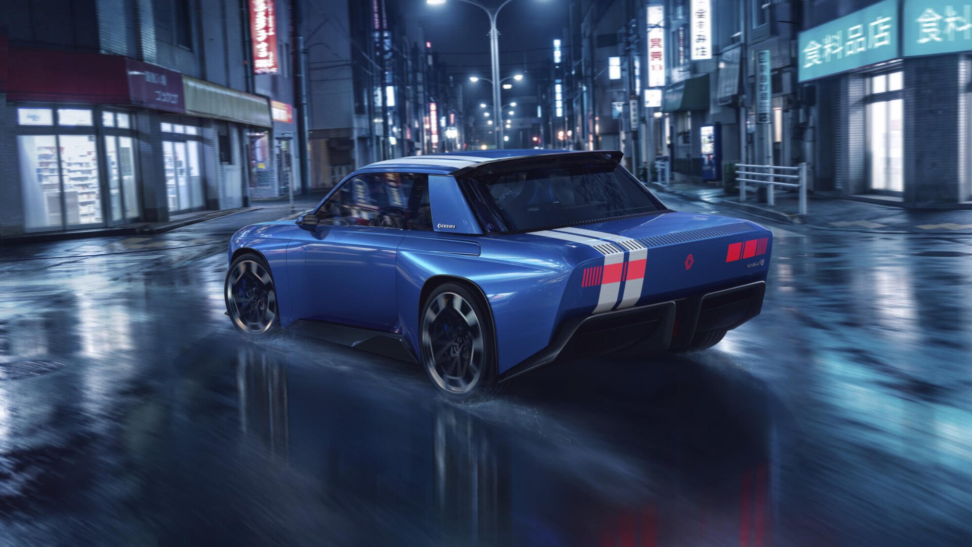 Blue Renault 8 Gordini concept sports car on a rain-slick neon city street, HD desktop wallpaper and background