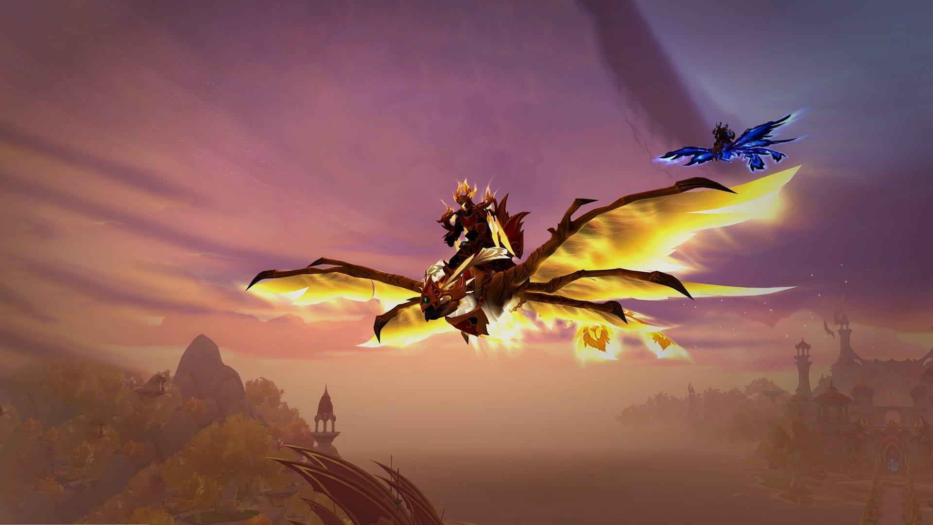 World of Warcraft: Midnight HD PC desktop wallpaper featuring a dragon and rider soaring over a fantasy landscape at sunset.