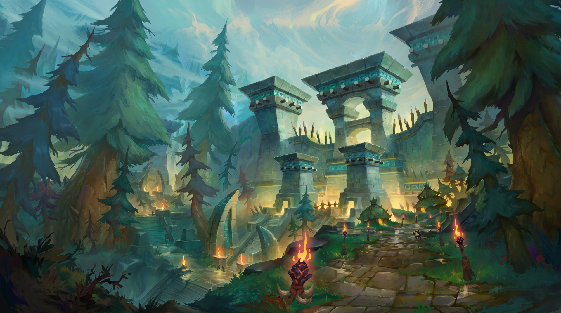 World of Warcraft: Midnight 5K Ultra HD PC wallpaper featuring ancient ruins, towering forest trees, and a glowing fantasy stronghold.