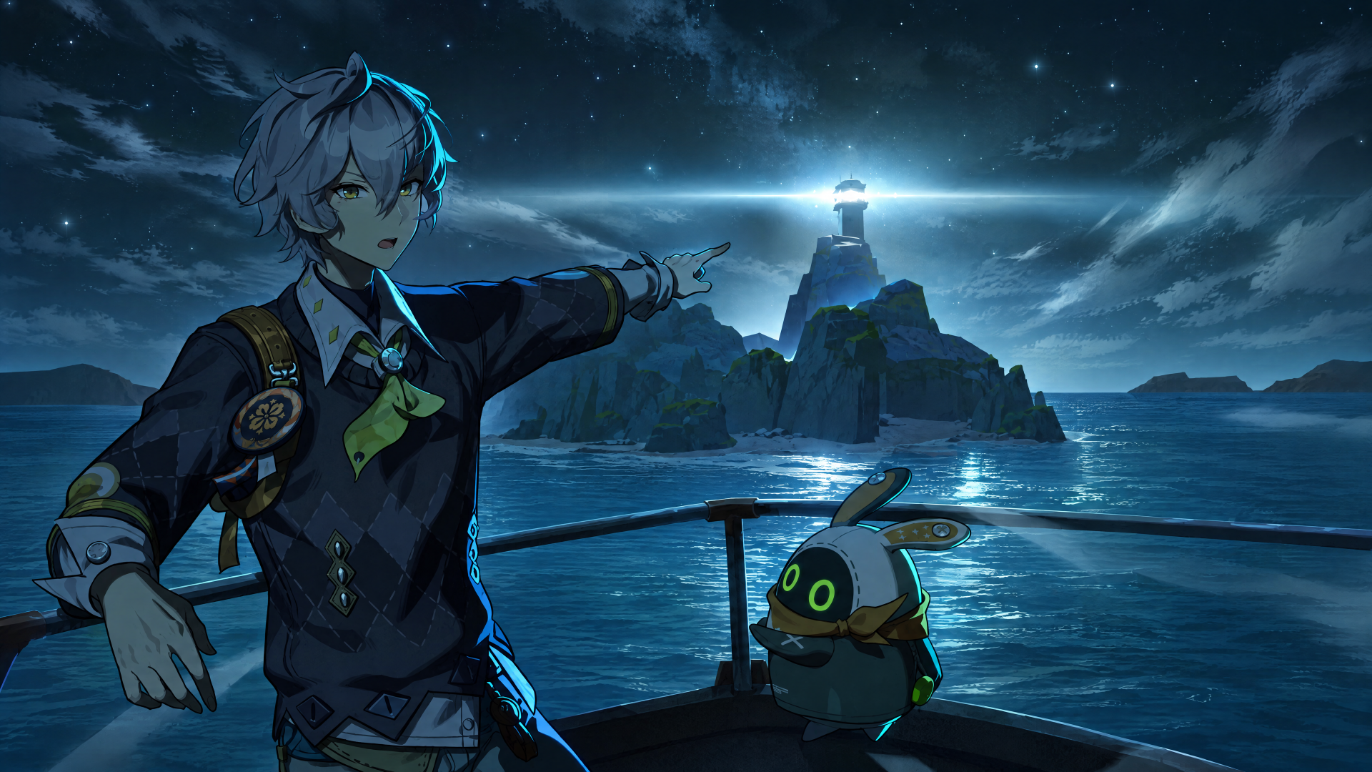 Zenless Zone Zero anime boy pointing toward a lighthouse over the ocean at night, 4K Ultra HD PC desktop wallpaper.