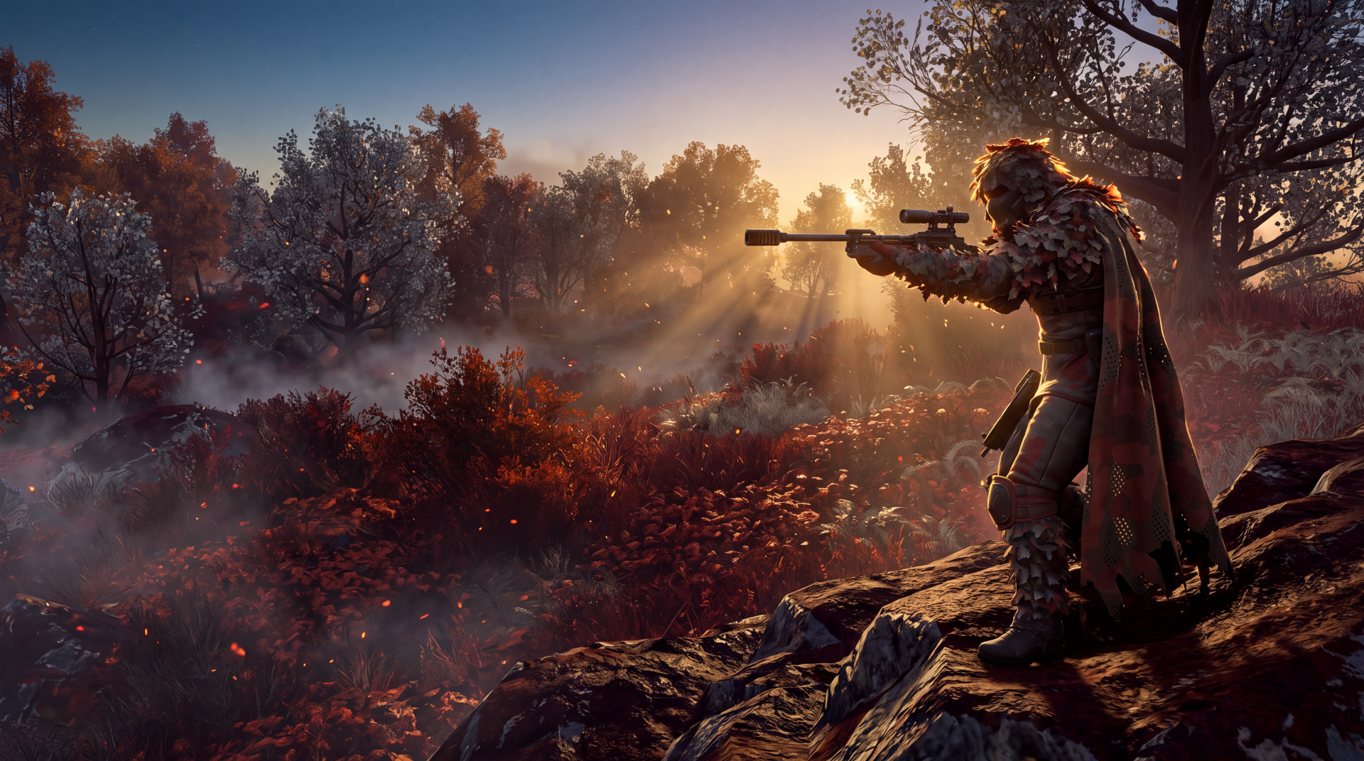 Helldivers 2 sniper soldier aiming a rifle across a misty autumn battlefield, 5K Ultra HD PC desktop wallpaper.