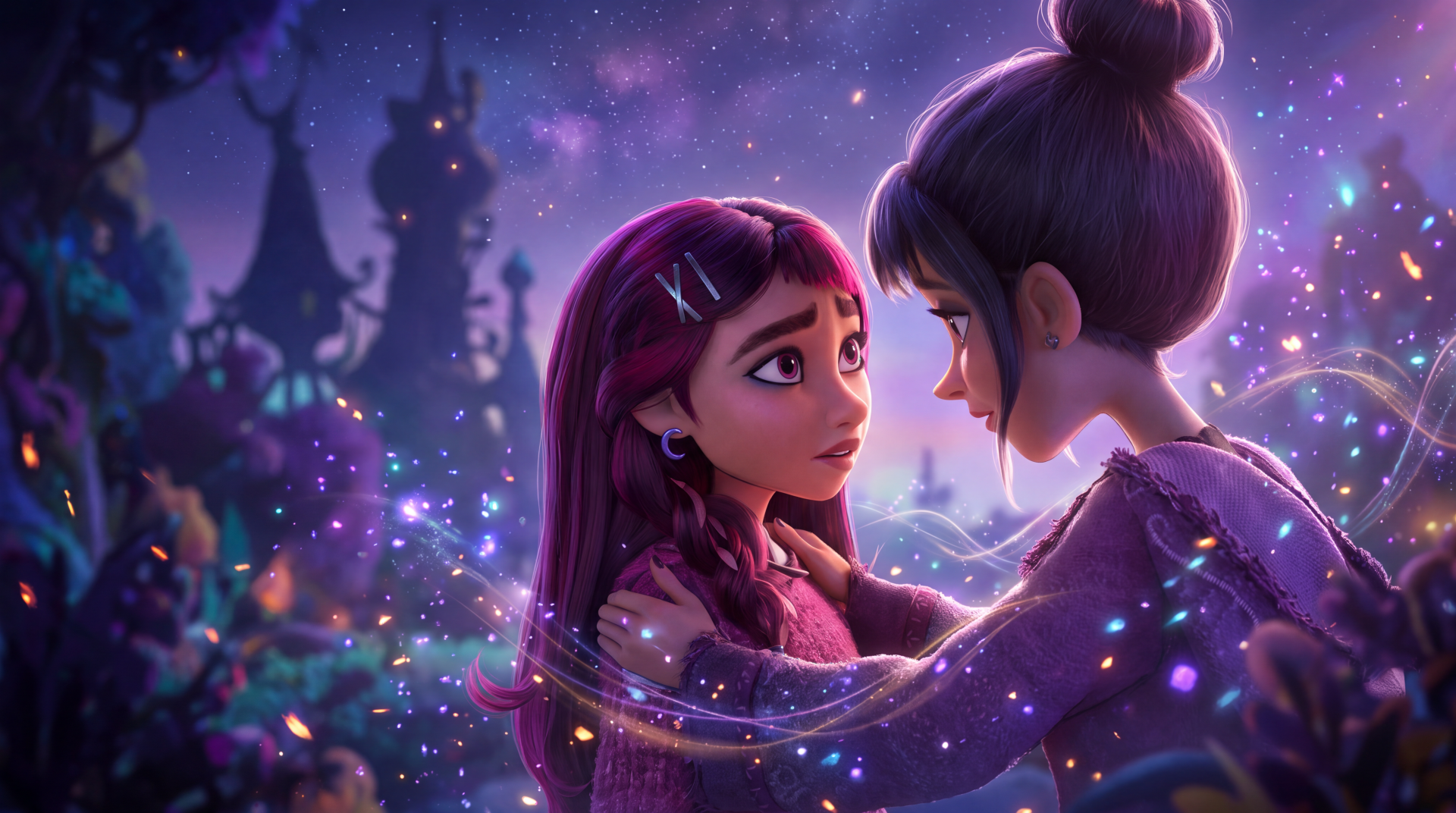 Hexed (2026) Disney anime wallpaper of two girls sharing a magical moment beneath a starry sky, in 5K Ultra HD for PC desktop background.
