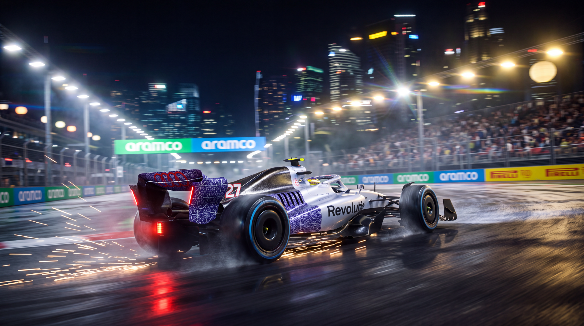 Audi R26 F1 race car speeding through a rain-soaked city circuit at night, 5K Ultra HD PC desktop wallpaper background.