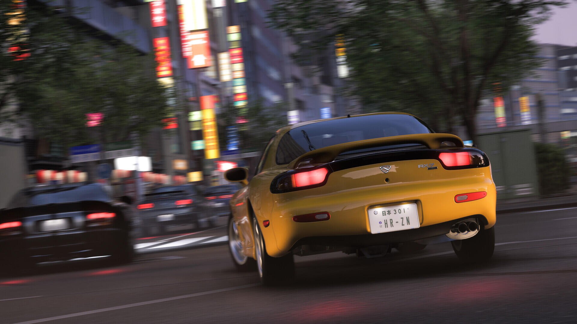 Forza Horizon 6 HD desktop wallpaper featuring a yellow Mazda RX-7 racing through a neon-lit city street.