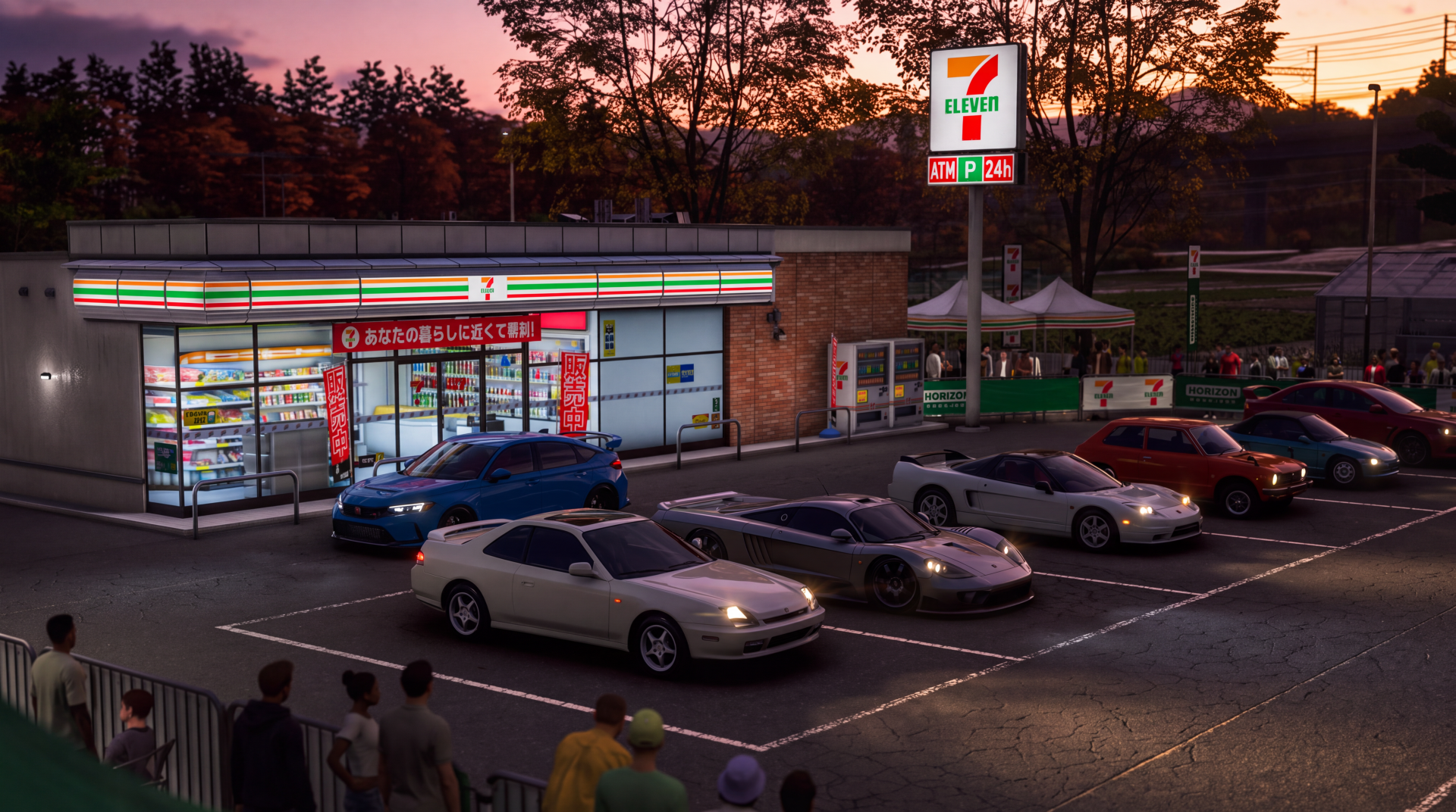 Forza Horizon 6 Japan car meet outside a 7-Eleven convenience store at sunset, 5K Ultra HD PC desktop wallpaper background.