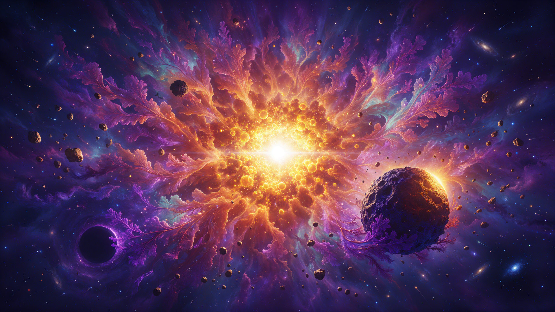 4K Ultra HD PC desktop wallpaper of a brilliant Big Bang bursting through a purple nebula, with planets and swirling galaxies in deep space.