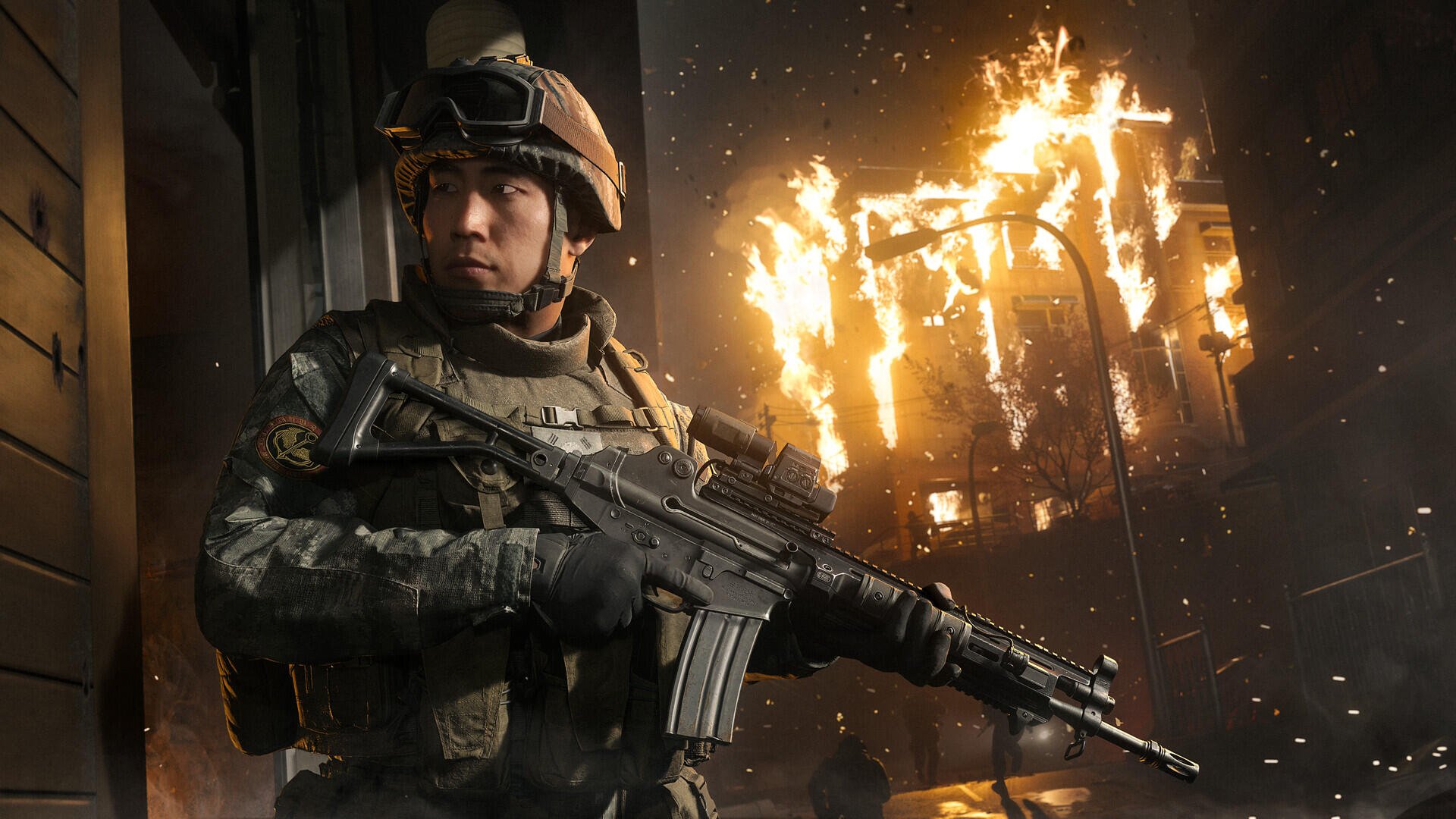 Call of Duty: Modern Warfare 4 soldier with rifle amid flames, HD PC desktop wallpaper background.