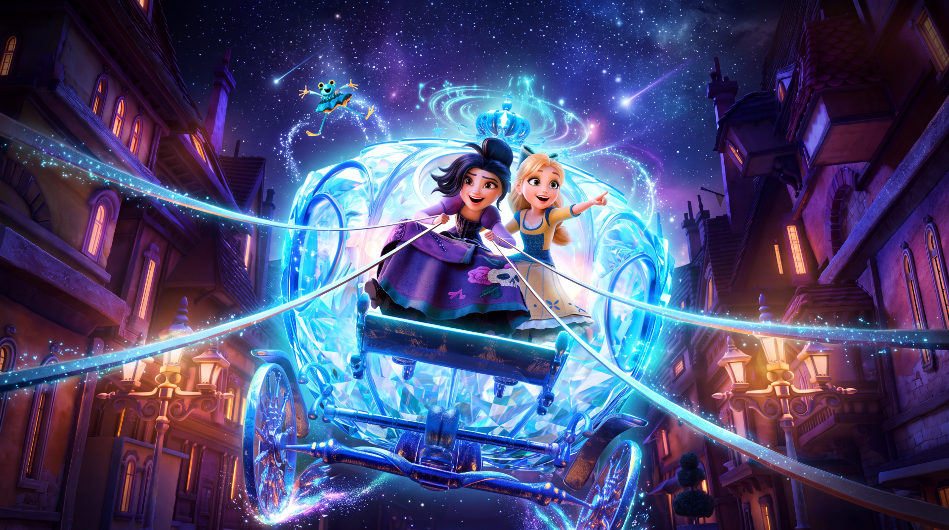 Magical carriage adventure from Steps (2026) on Netflix, with two heroines racing through a glowing fantasy city — 5K Ultra HD PC desktop wallpaper.