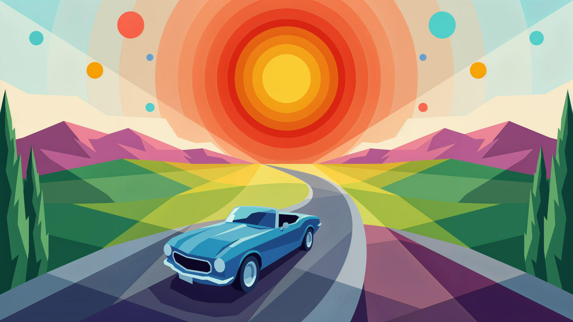 Blue car winding along a mountain road beneath a glowing sun, colorful geometric landscape, 4K Ultra HD PC desktop wallpaper and background.