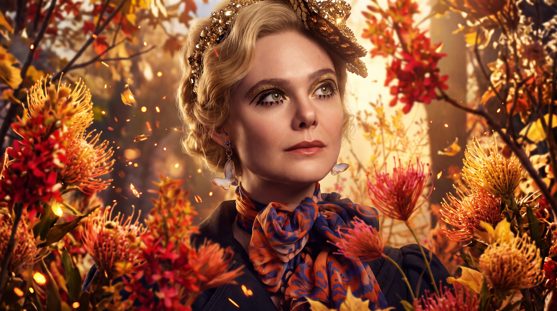 Effie Trinket from The Hunger Games in a floral autumn portrait, 5K Ultra HD PC desktop wallpaper and background.