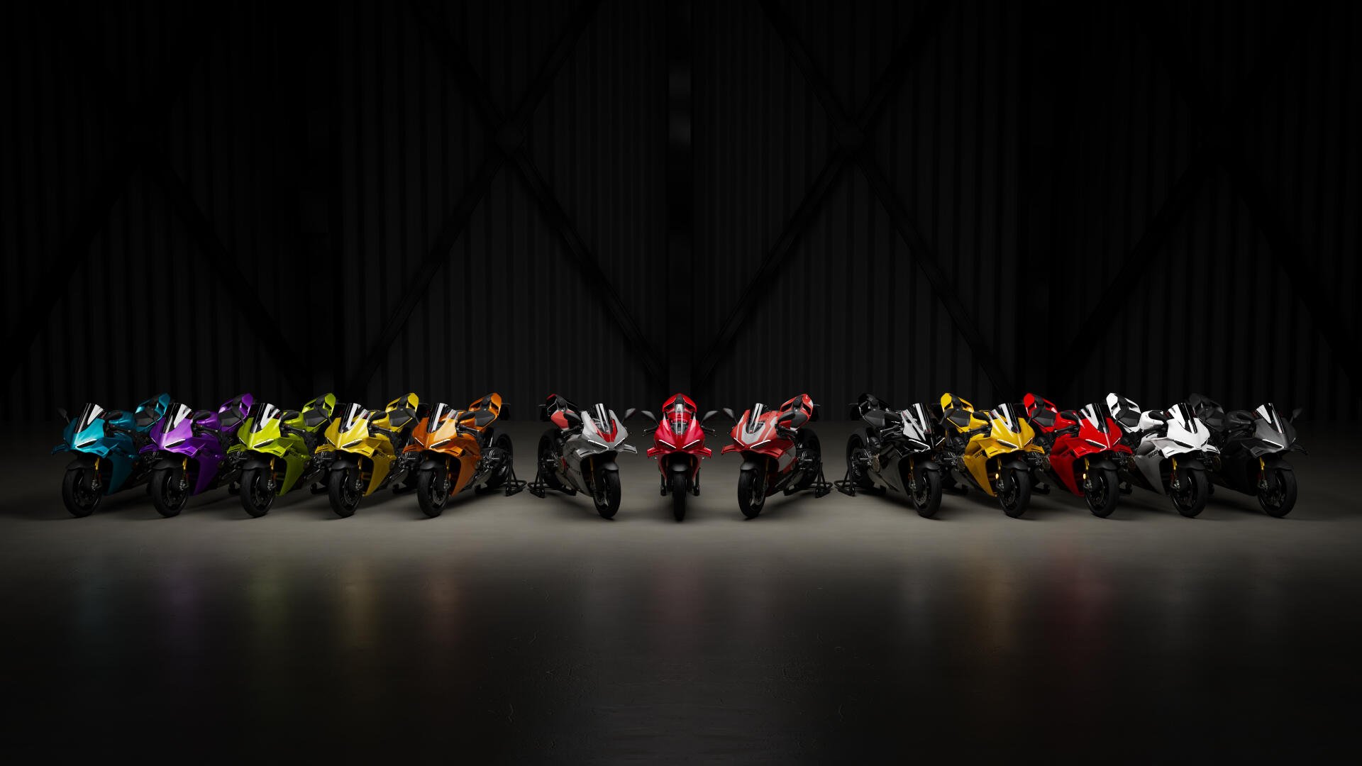 4K Ultra HD desktop wallpaper featuring a colorful lineup of Ducati Panigale V4 sport bikes against a black background.