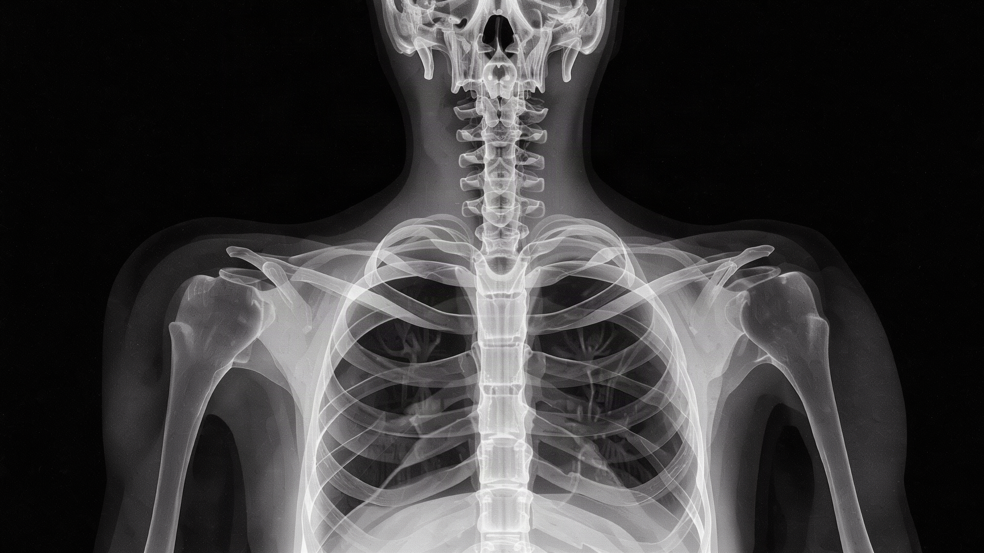 4K Ultra HD X-ray wallpaper of a human skeleton’s rib cage, shoulders, and upper spine against a black background.