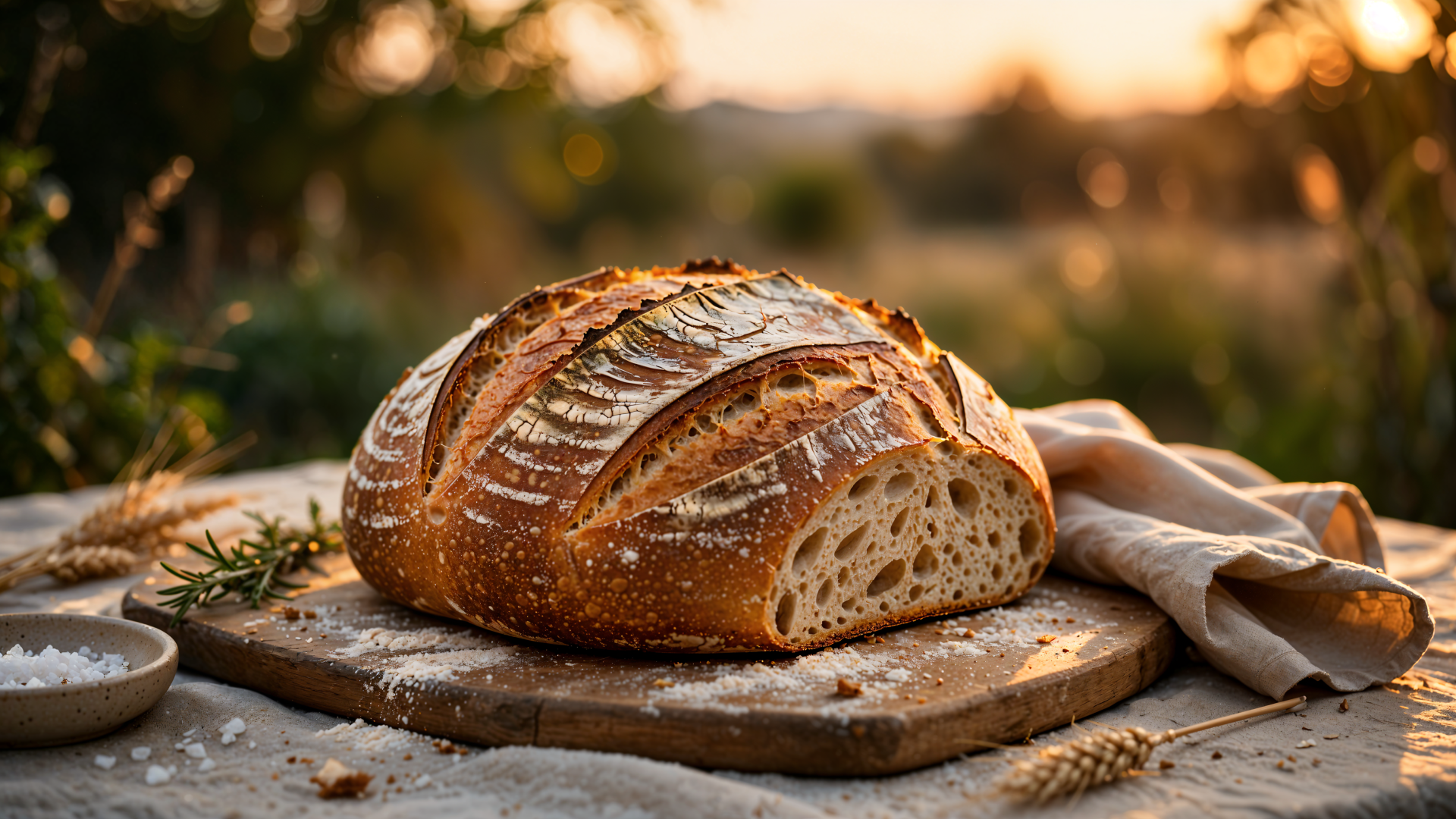 Golden-hour sourdough bread loaf on a wooden board, 4K Ultra HD PC desktop wallpaper and background.