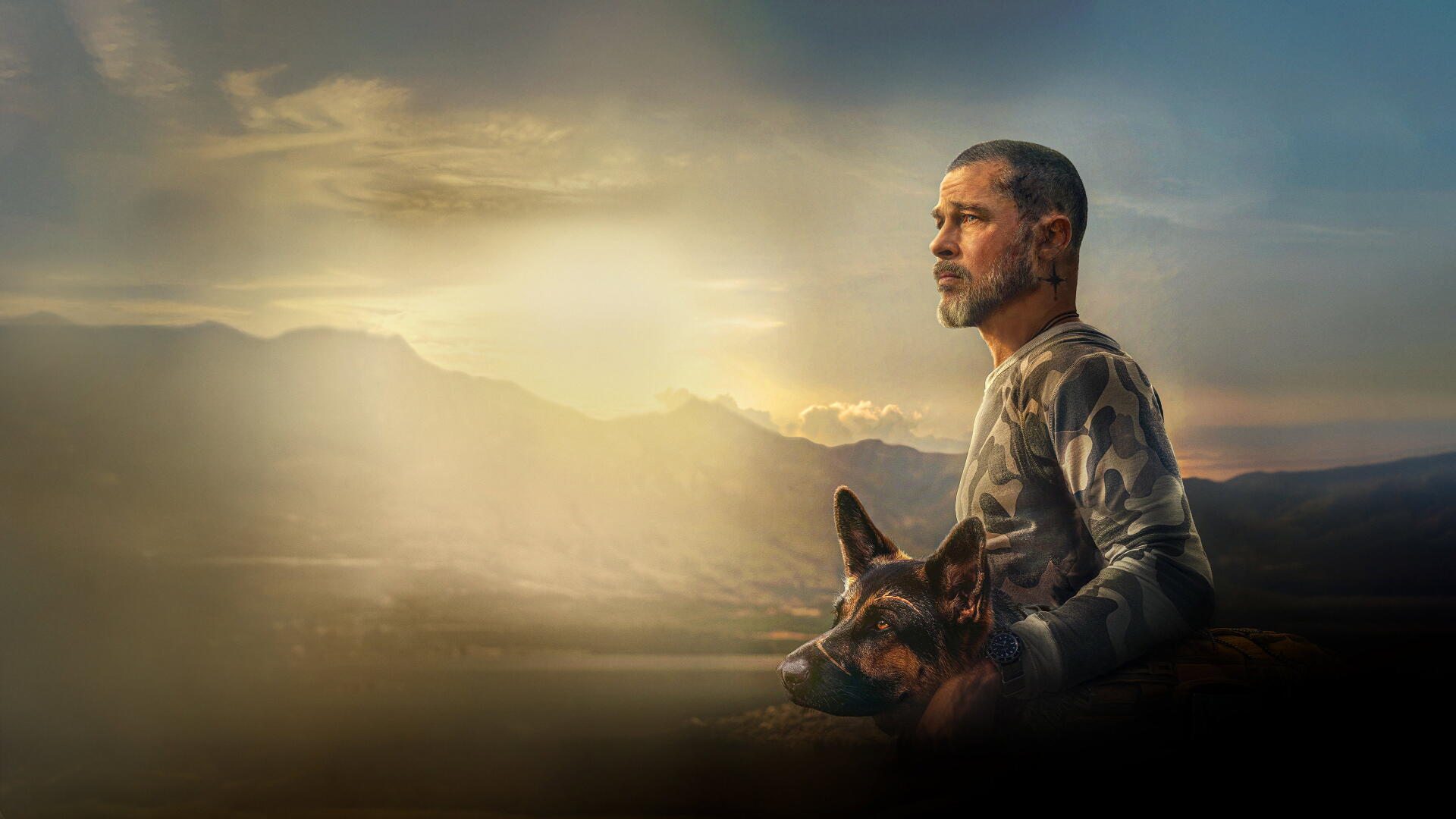 Heart of the Beast 4K Ultra HD PC desktop wallpaper featuring a man beside a dog against a glowing mountain sunset.