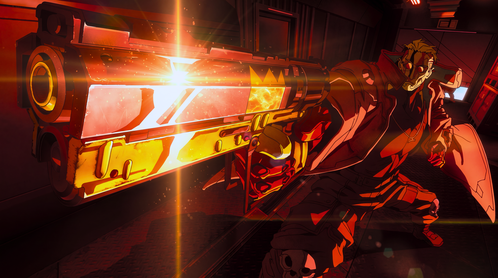 Kingsley from Cyberpunk: Edgerunners 2 aims a massive gun in a neon-lit anime scene, featured in a 5K Ultra HD PC desktop wallpaper.