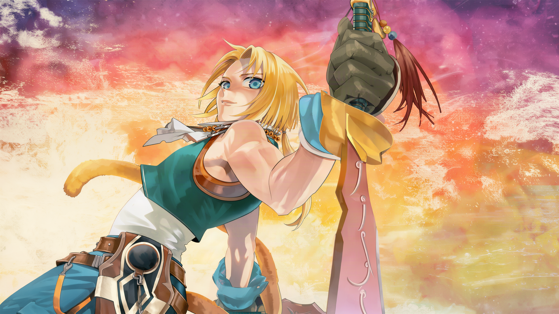 Final Fantasy Resonance anime warrior woman holding a sword against a vivid sunset, 4K Ultra HD PC desktop wallpaper and background.