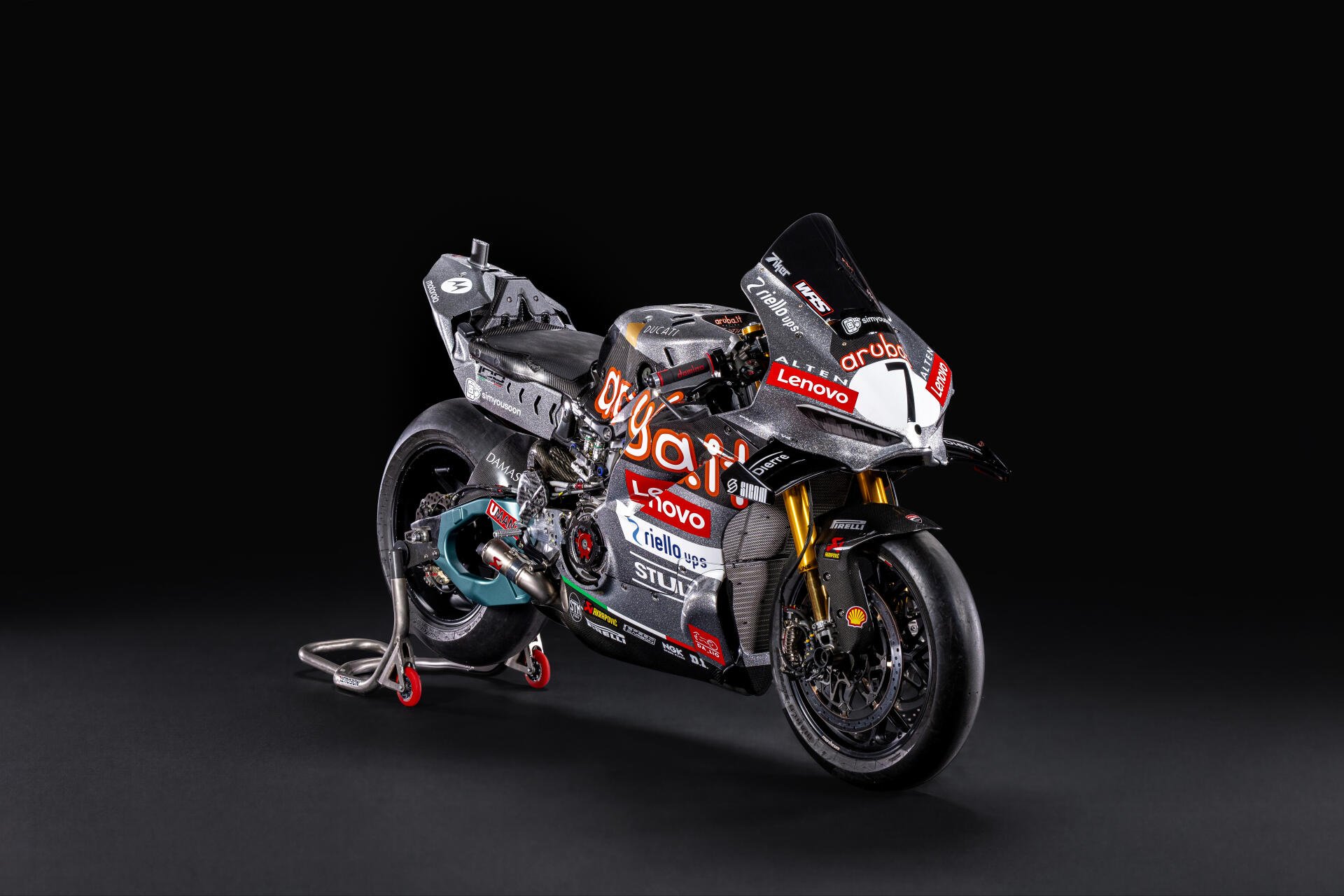 Ducati Panigale V4 R racing superbike on a dark studio background, featured in an 8K Ultra HD desktop wallpaper.