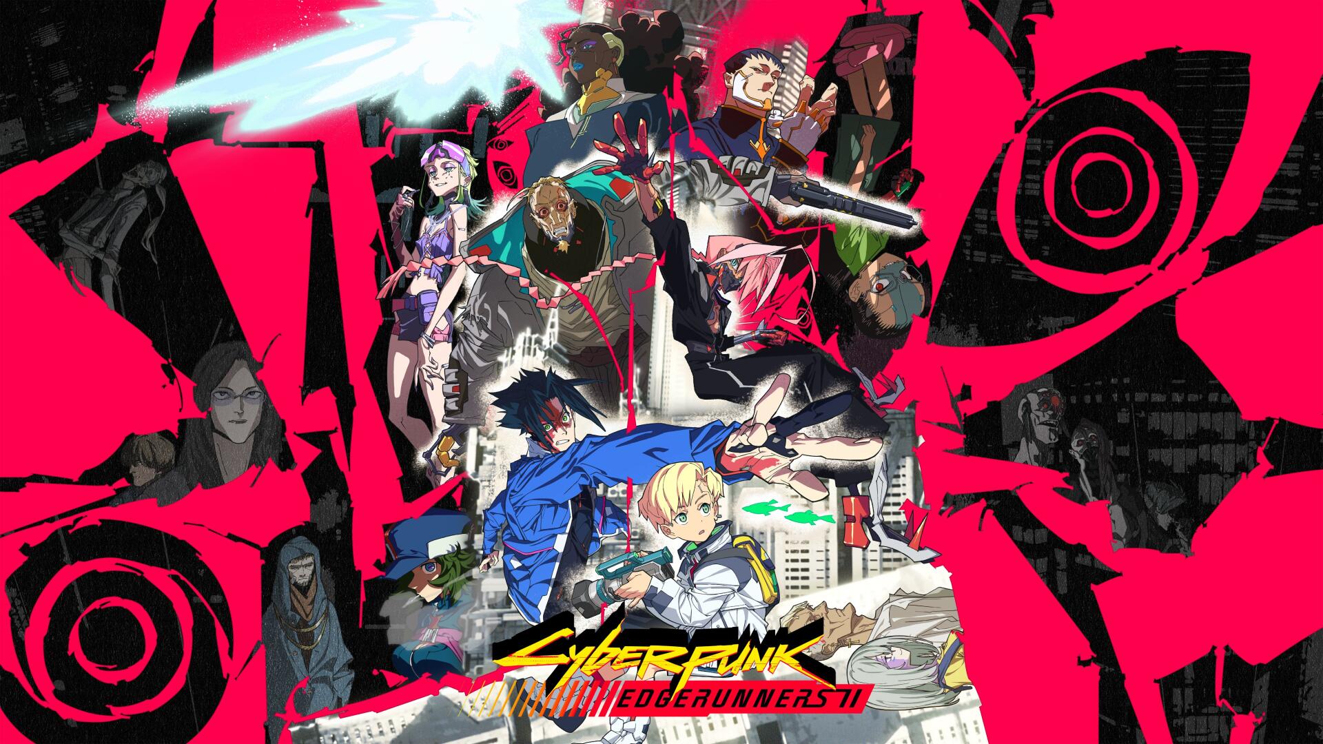Cyberpunk: Edgerunners 2 anime ensemble in a vivid pink-and-black collage, 4K Ultra HD PC desktop wallpaper and background.