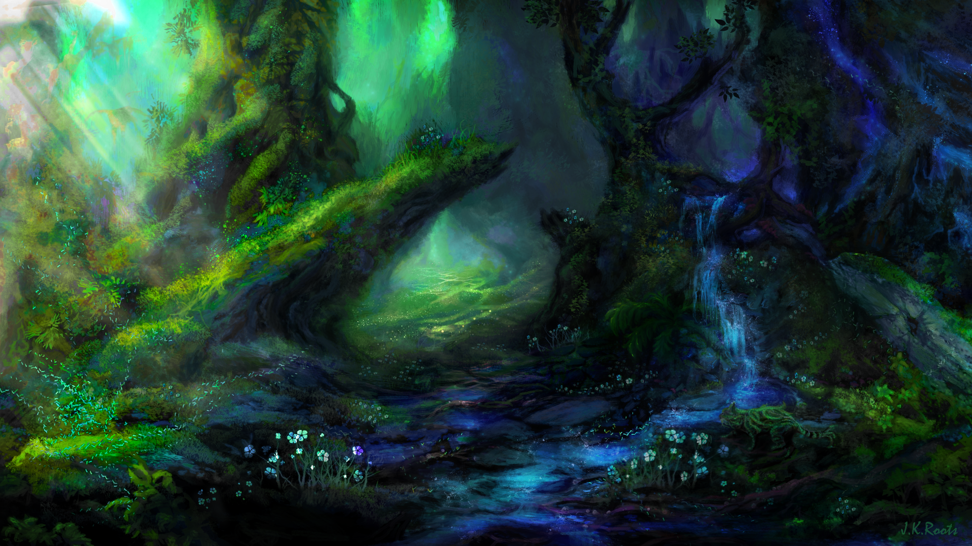 8K Ultra HD sci-fi fantasy landscape wallpaper of an alien forest glowing with emerald light, twisted trees, and a flowing blue stream.