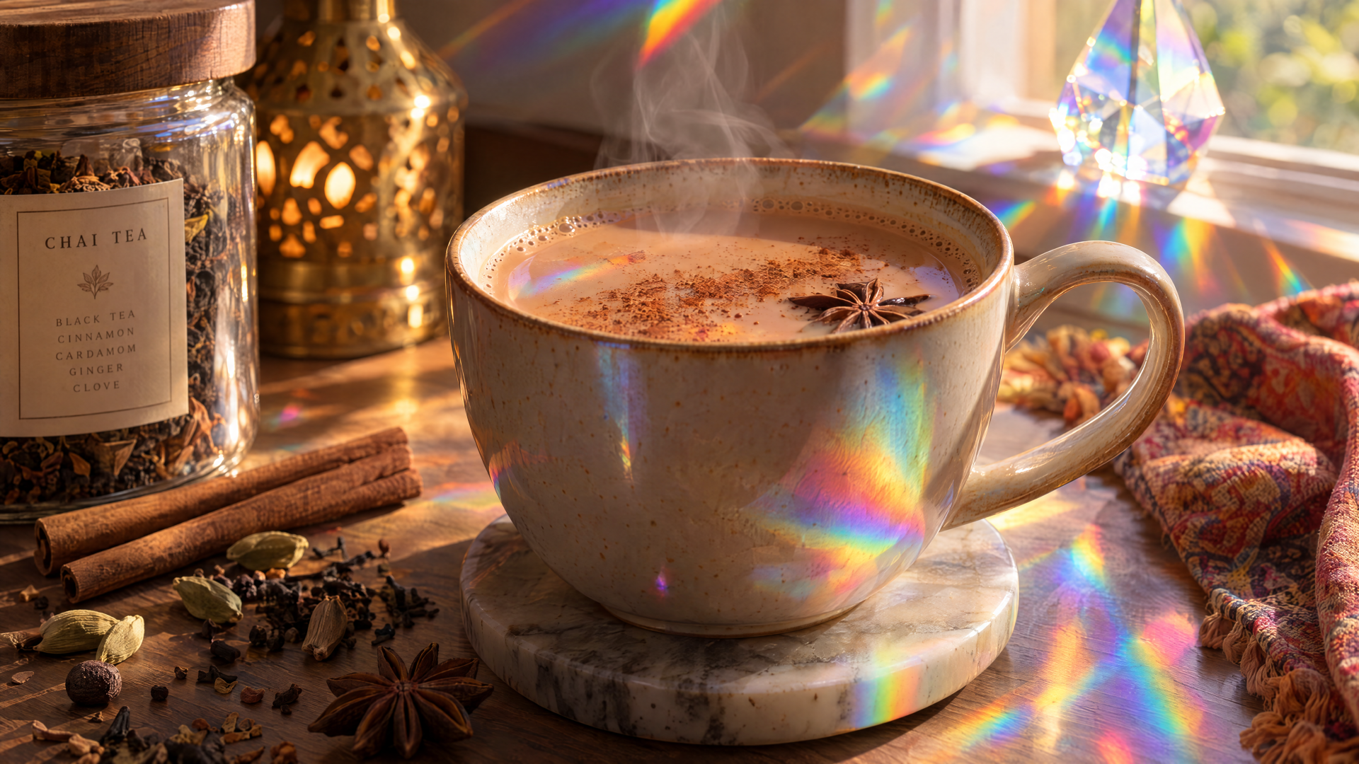 Chai tea in a ceramic cup with cinnamon and spices, featured in a 4K Ultra HD PC desktop wallpaper and background.