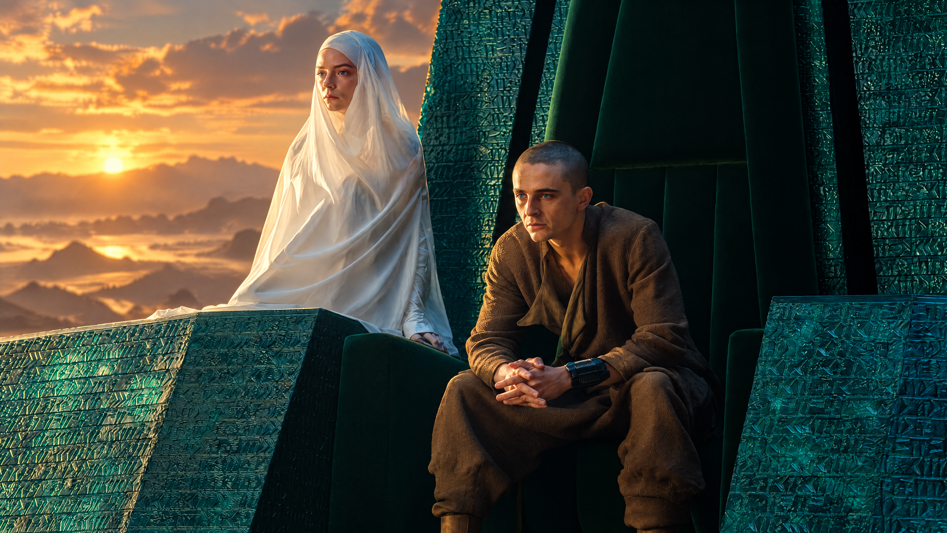 Paul Atreides sits beside a veiled woman above a desert at sunset in this Dune: Part Three 4K Ultra HD PC desktop wallpaper.