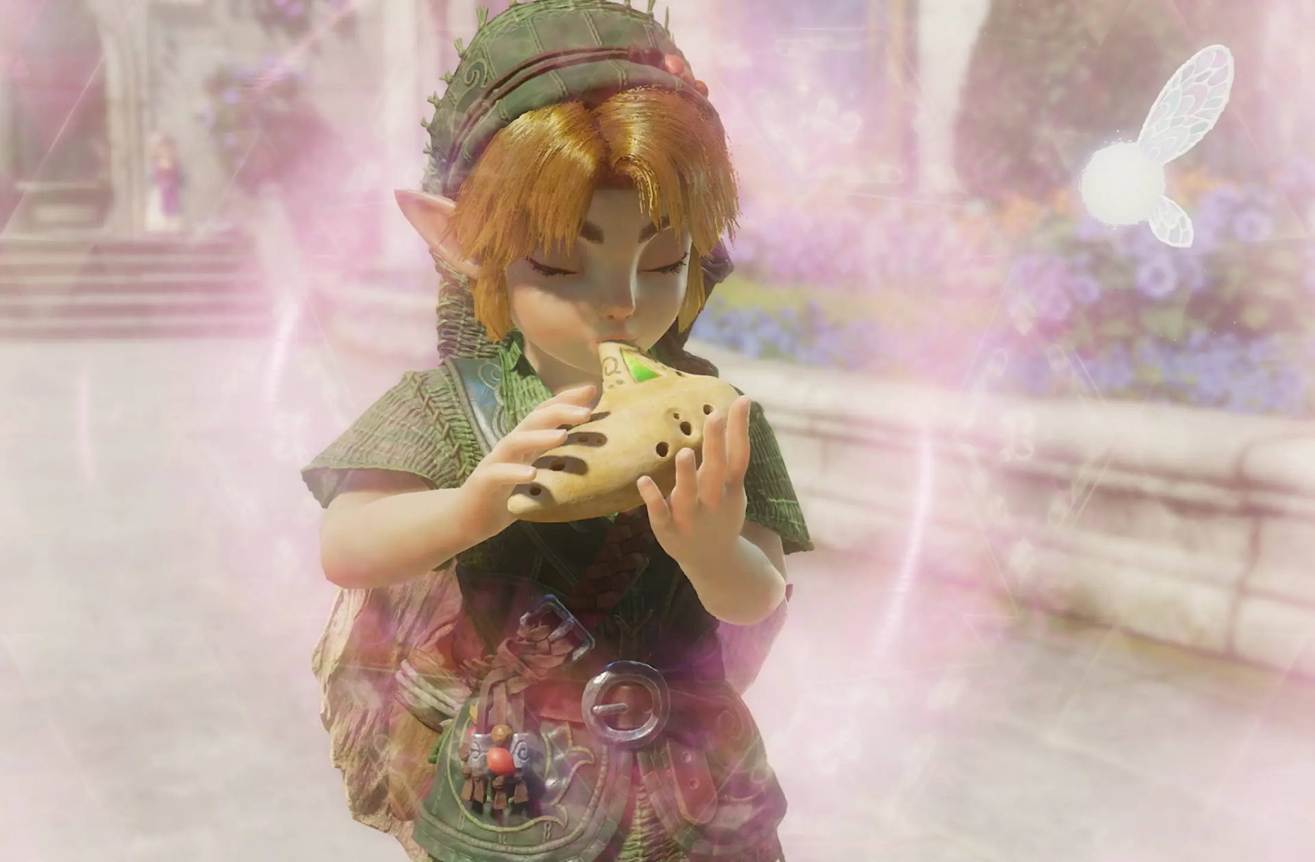 Anime-style girl Link from The Legend of Zelda: Ocarina of Time playing a flute in soft pink light, HD PC desktop wallpaper.