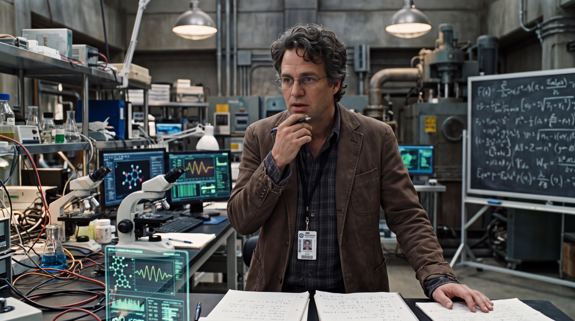 Bruce Banner, scientist and engineer, studies electronics in a high-tech laboratory, 5K Ultra HD desktop wallpaper background.