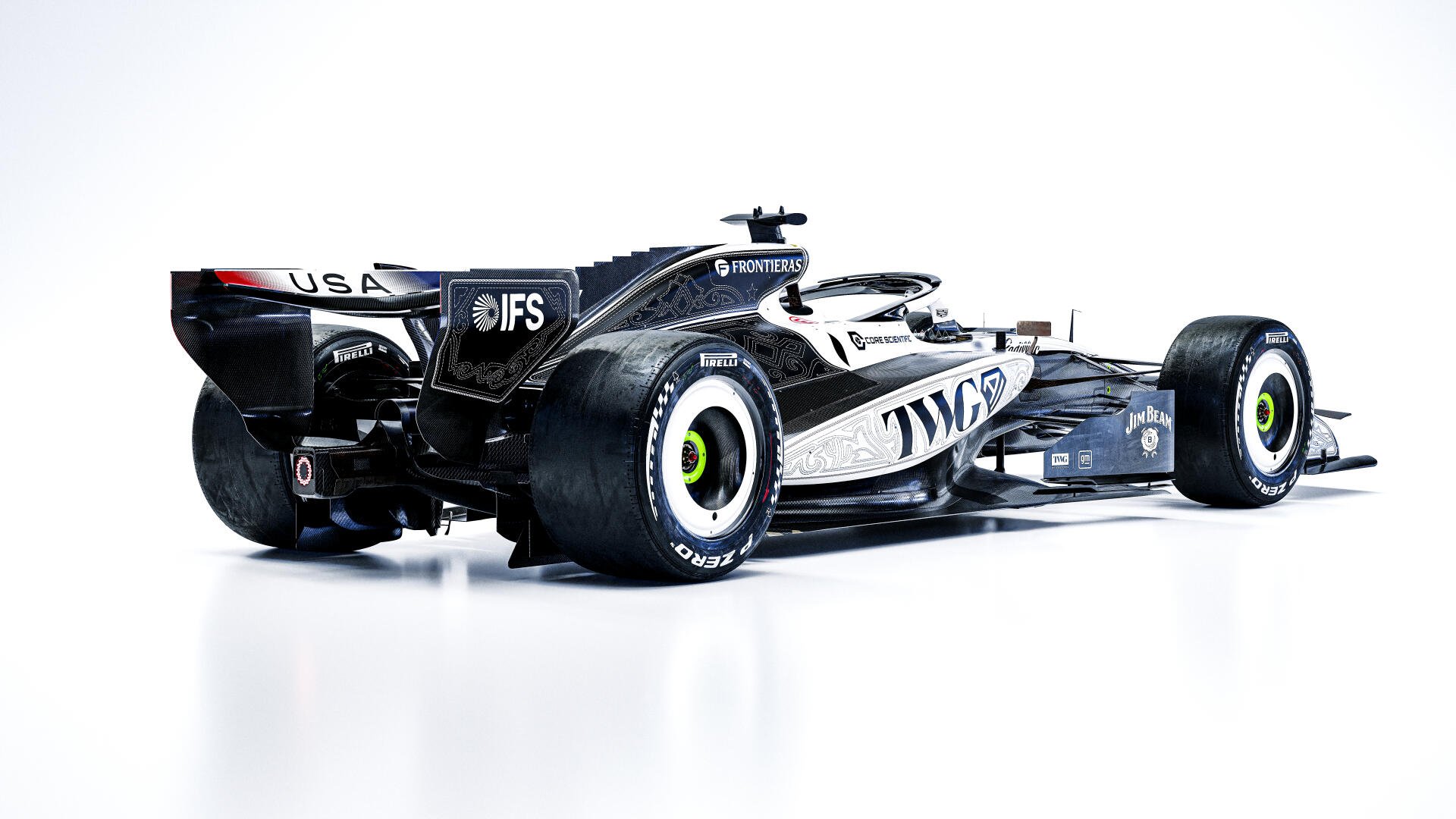 Cadillac MAC-26 F1 race car in a sleek studio render, featured in an 8K Ultra HD desktop wallpaper and background.