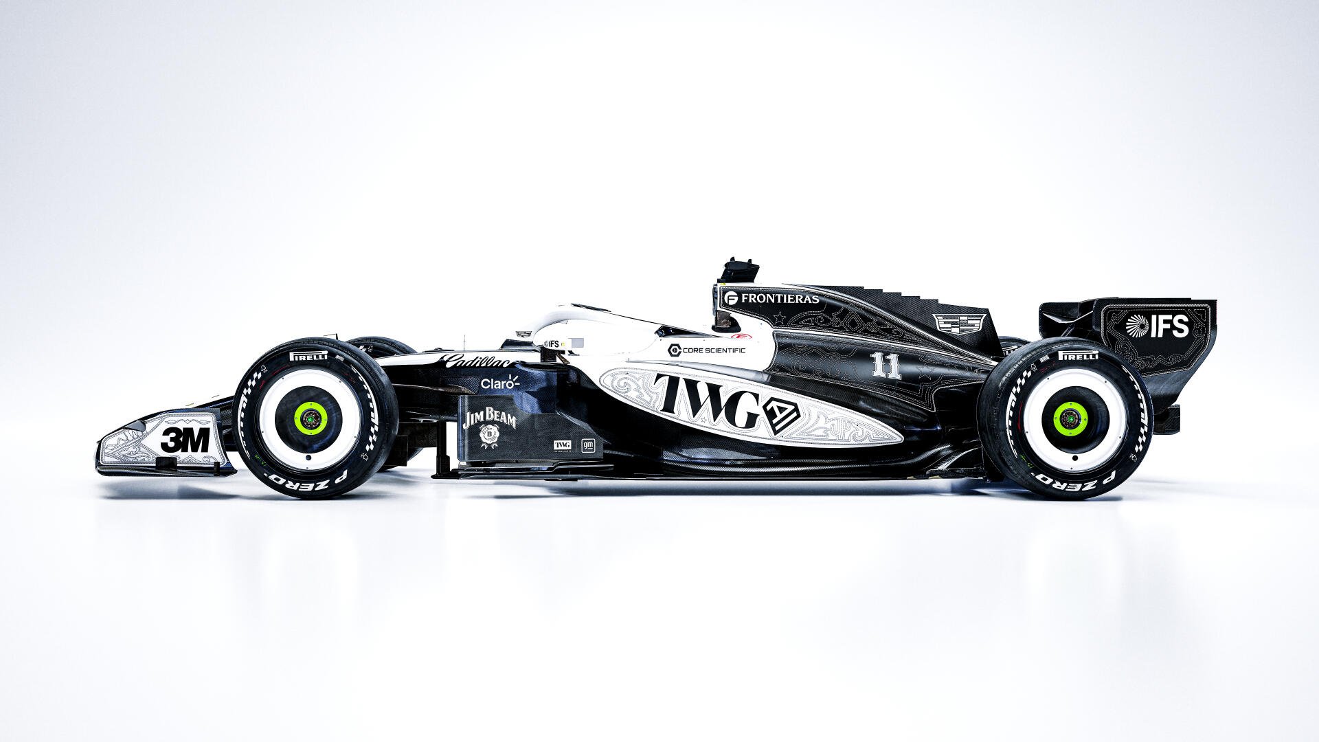Cadillac MAC-26 F1 race car in a crisp side profile, featured in an 8K Ultra HD PC desktop wallpaper and background.