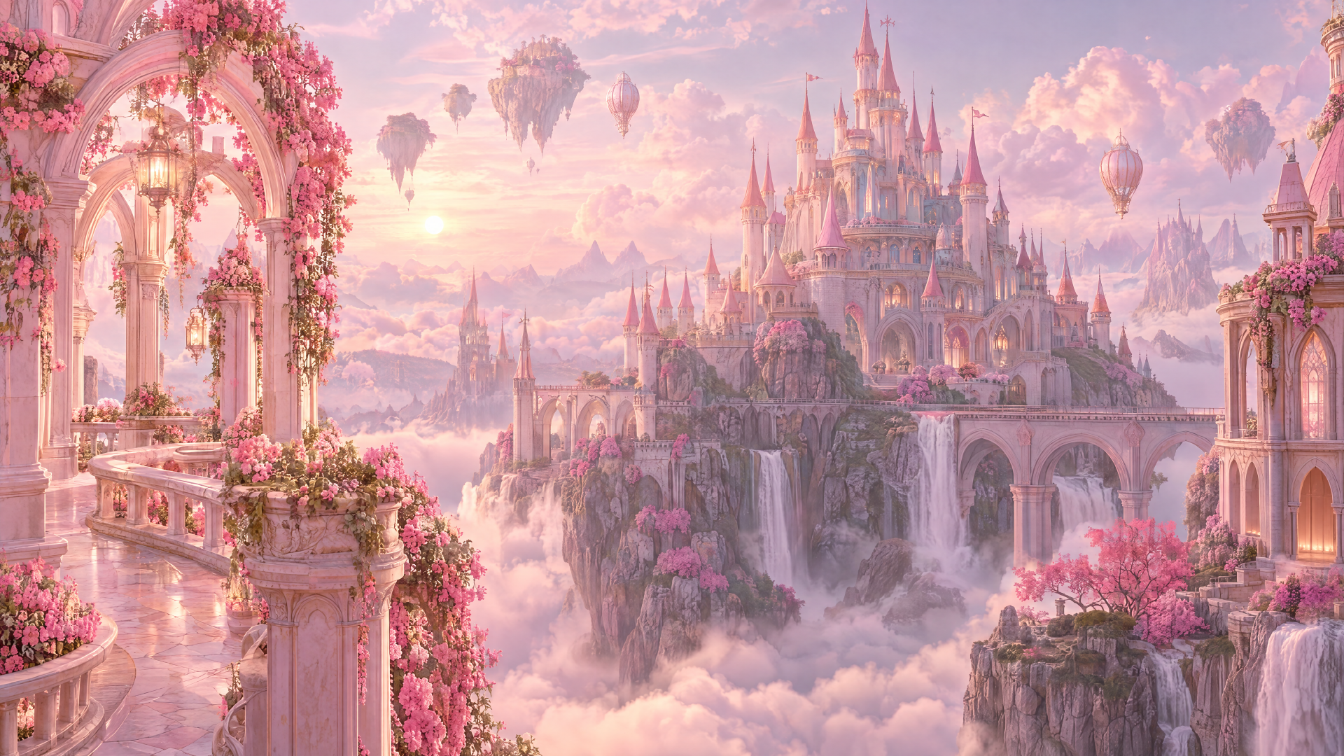 Light pink fantasy castle rising above a misty landscape, framed by flowering trees and waterfalls, in a 4K Ultra HD PC desktop wallpaper.