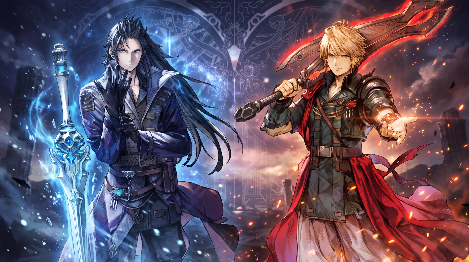 Final Fantasy Resonance anime warriors with swords amid blue and red energy, 5K Ultra HD PC desktop wallpaper.