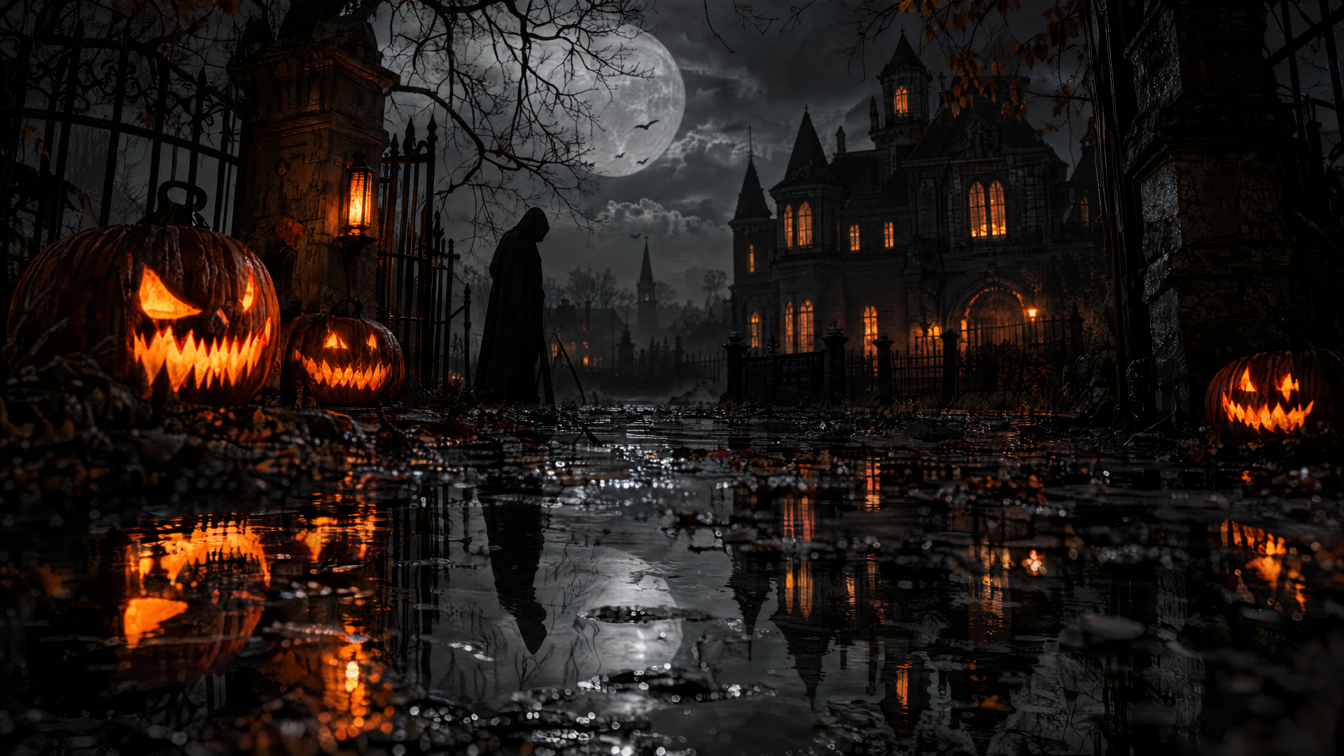 Dark Halloween haunted house with glowing jack-o’-lanterns and a moonlit, reflective path, 4K Ultra HD PC desktop wallpaper and background.