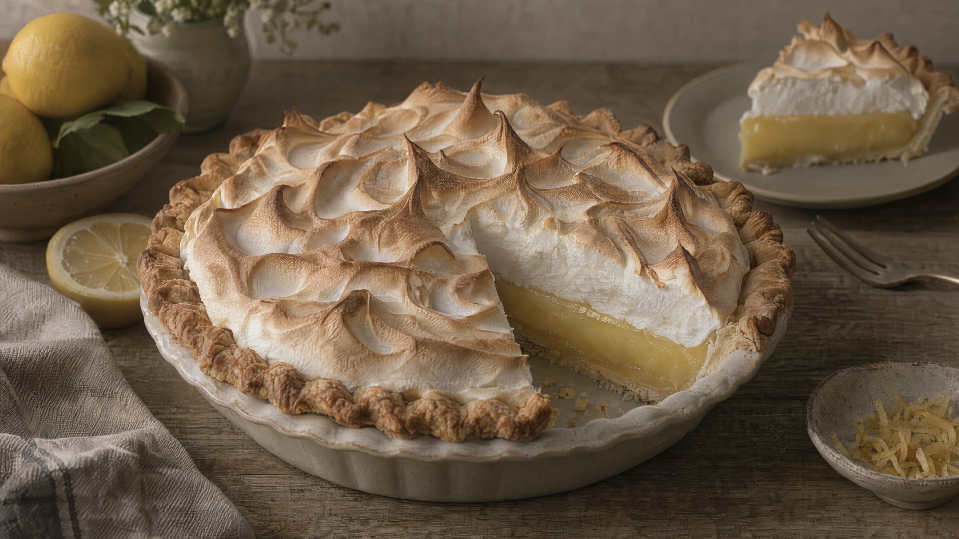 Golden lemon meringue pie with toasted peaks on a rustic table, featured in a 4K Ultra HD PC desktop wallpaper and background.