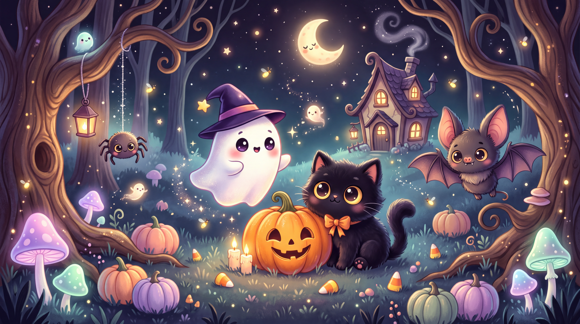 Spooky cute Halloween 5K Ultra HD PC desktop wallpaper with a witch-hat ghost, black cat, glowing pumpkin, bats, and moonlit forest.