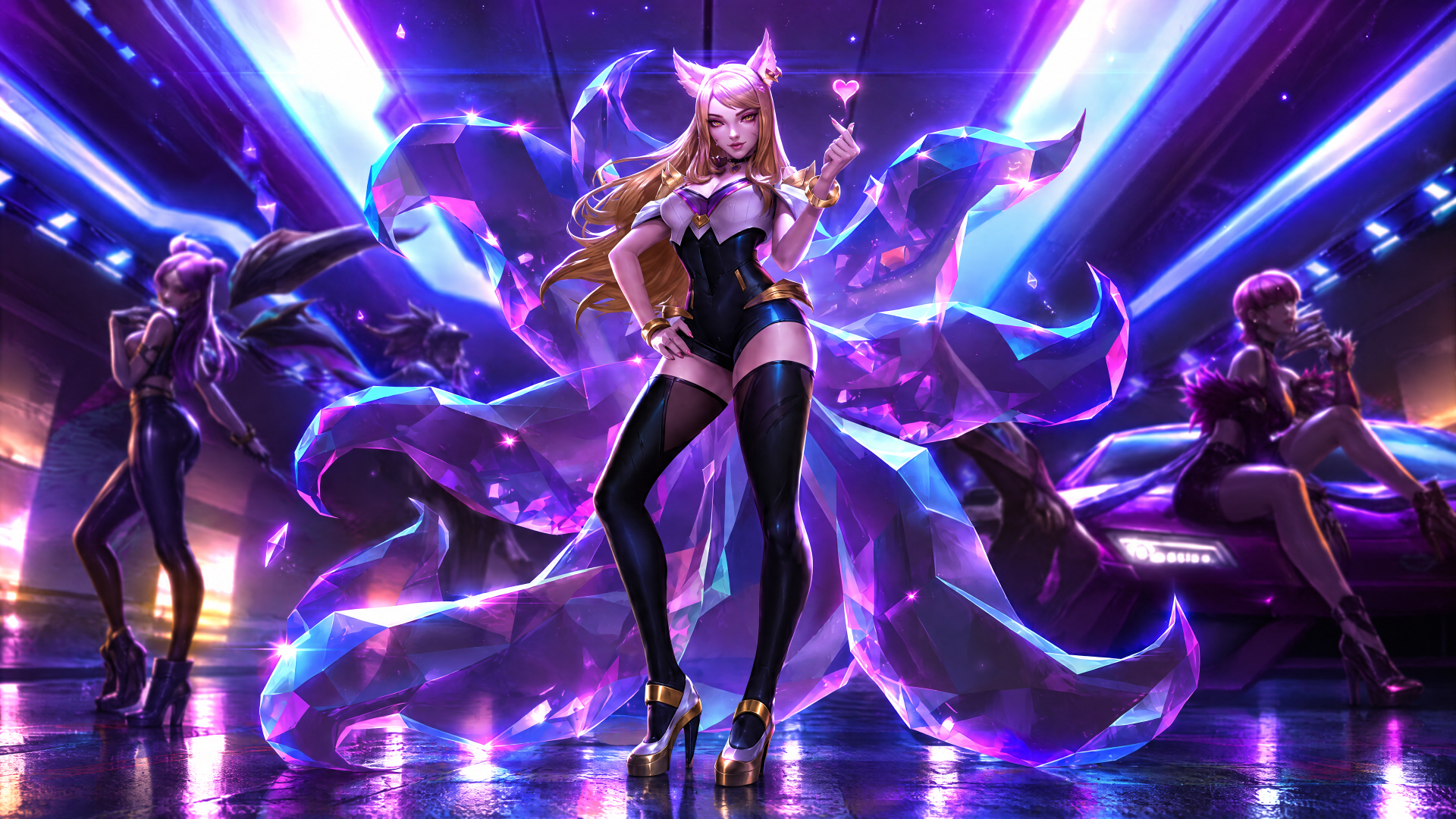 K/DA Ahri stands center stage with glowing purple energy and dancers in this anime-inspired 4K Ultra HD PC desktop wallpaper.