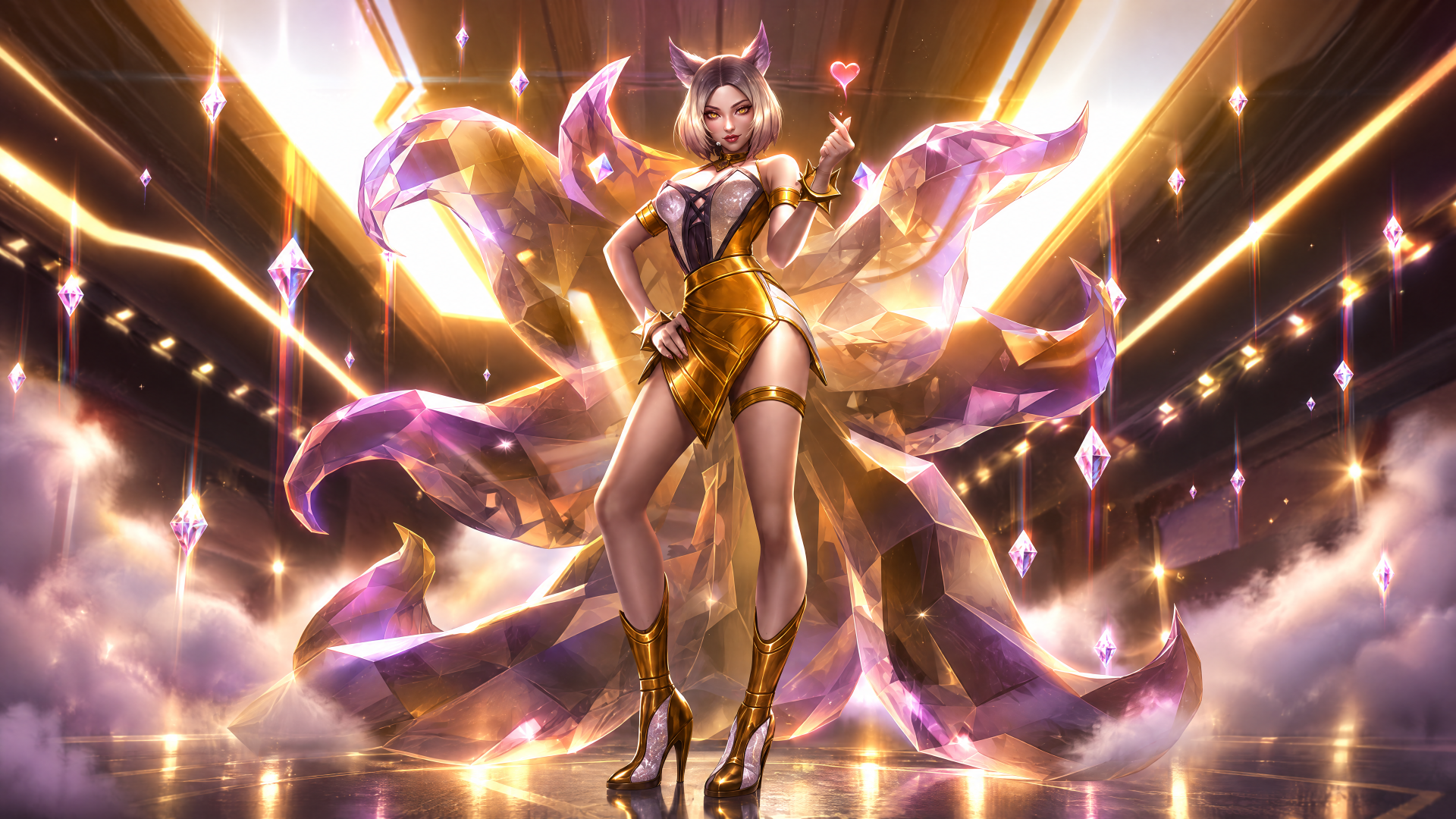 K/DA Ahri in a glowing gold stage outfit, surrounded by radiant pink and gold effects, in a 4K Ultra HD PC desktop wallpaper.