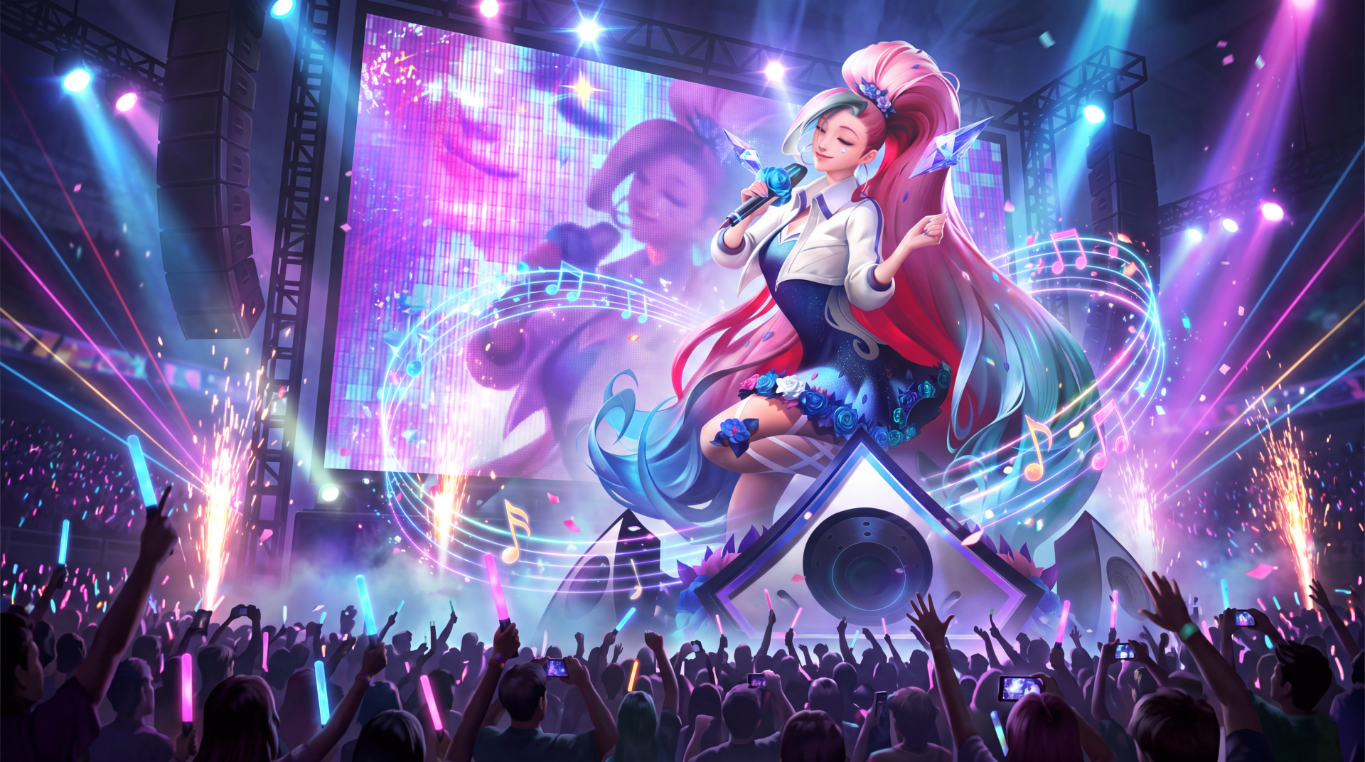 Seraphine from K/DA and League of Legends performs on a vibrant anime concert stage, 5K Ultra HD PC desktop wallpaper and background.