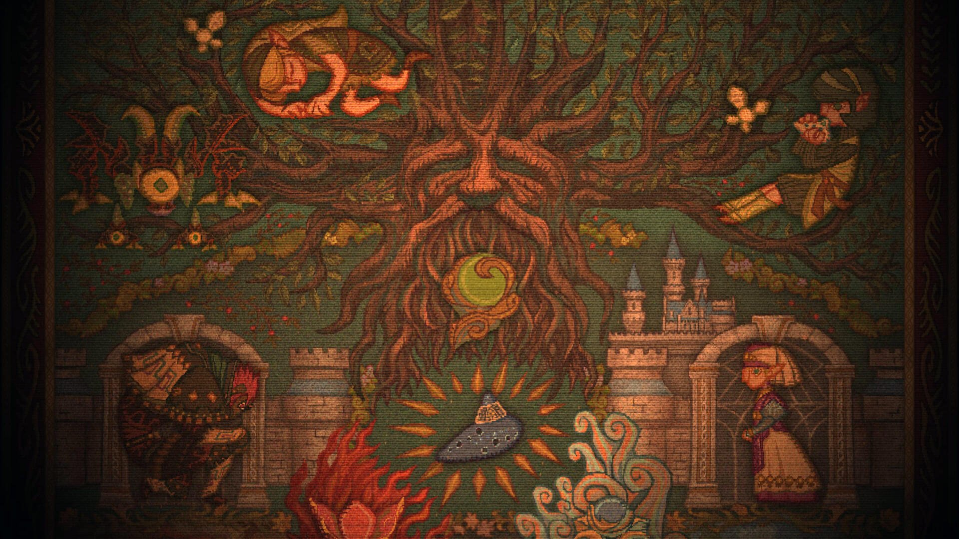 The Legend of Zelda: Ocarina of Time (2026) 2K QHD PC desktop wallpaper featuring a pixel-art Deku Tree and forest scene.