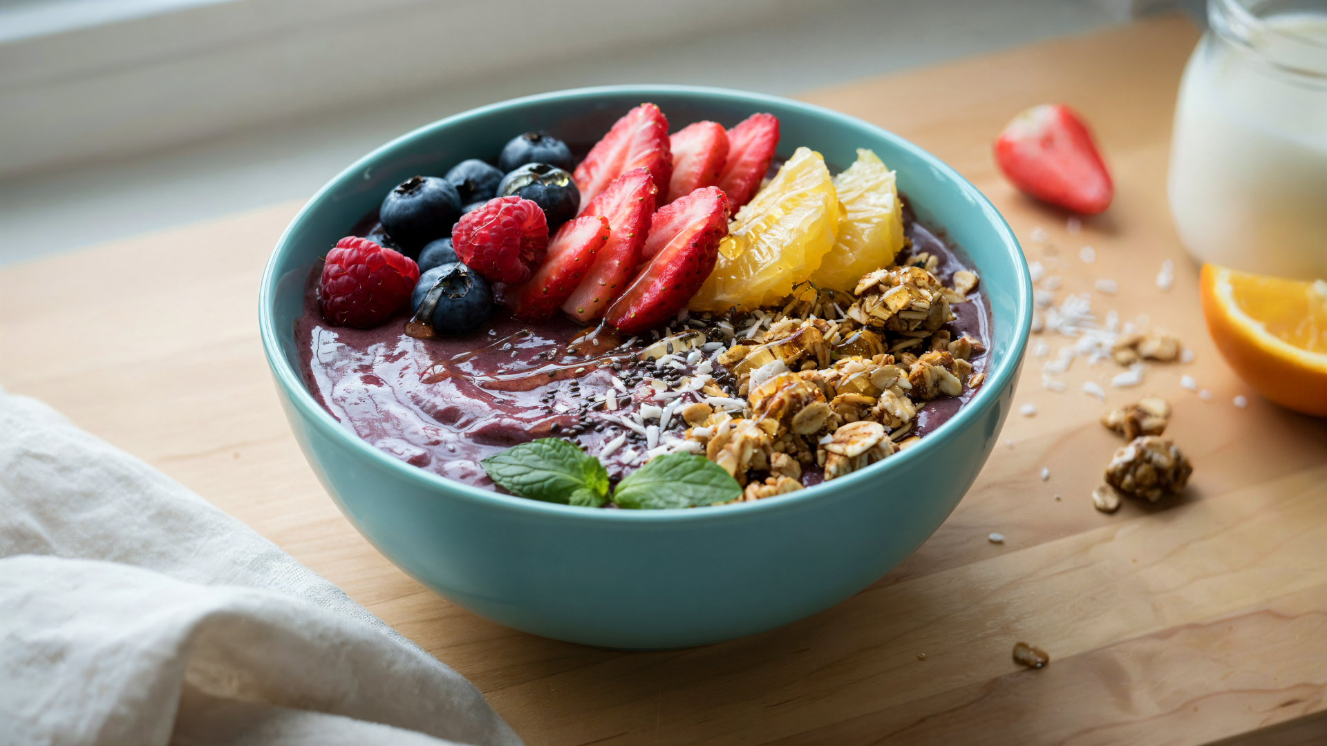 4K Ultra HD desktop wallpaper of an acai smoothie bowl topped with granola, blueberries, strawberries, and banana.